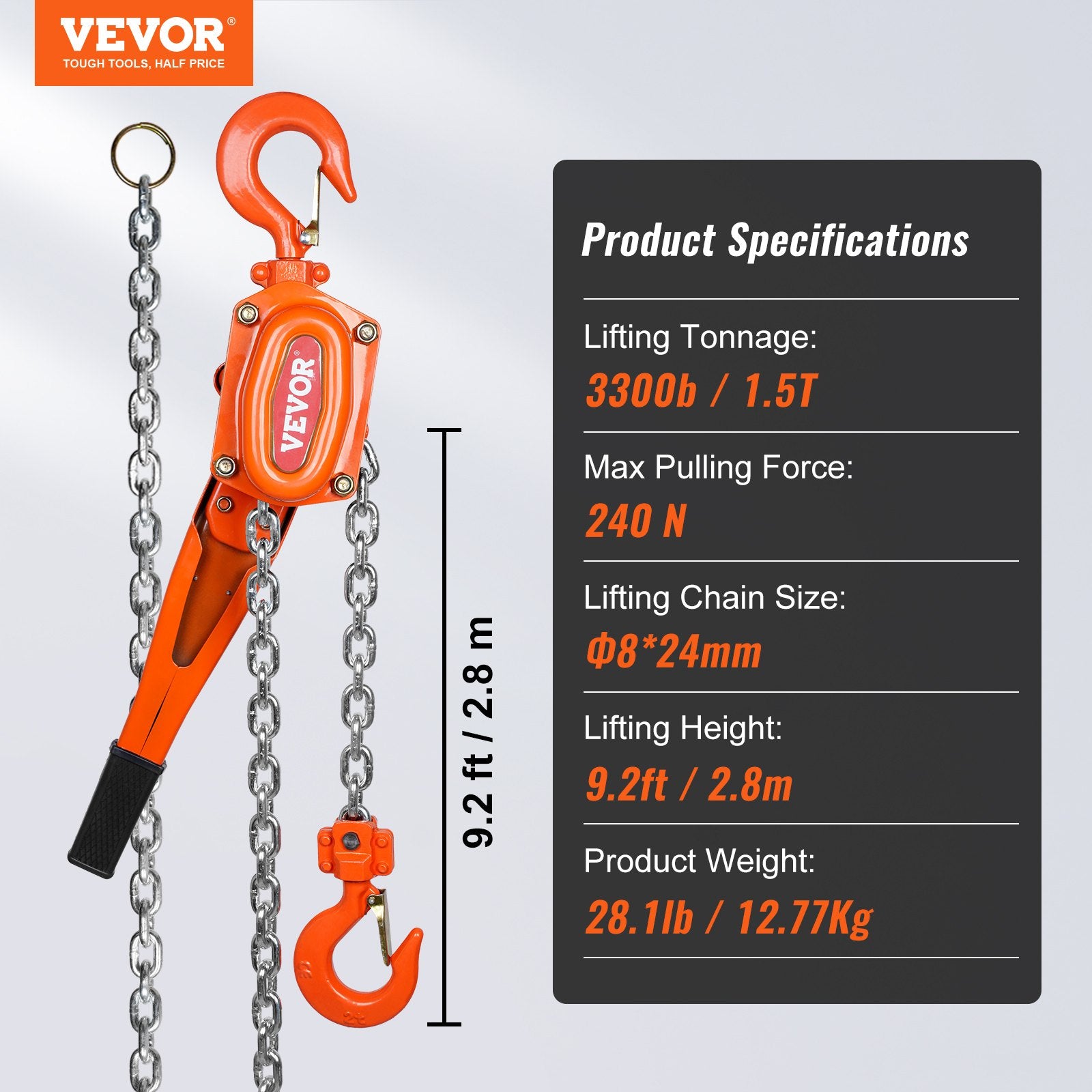 Lifts & Hoists: VEVOR Manual Lever Chain Hoist, 1-1/2 Ton 3300 lbs Capacity 10 FT Come Along, G80 Galvanized Carbon Steel with Weston Double-Pawl Brake,Auto Chain Leading & 360° Rotation Hook, for Garage Factory Dock
