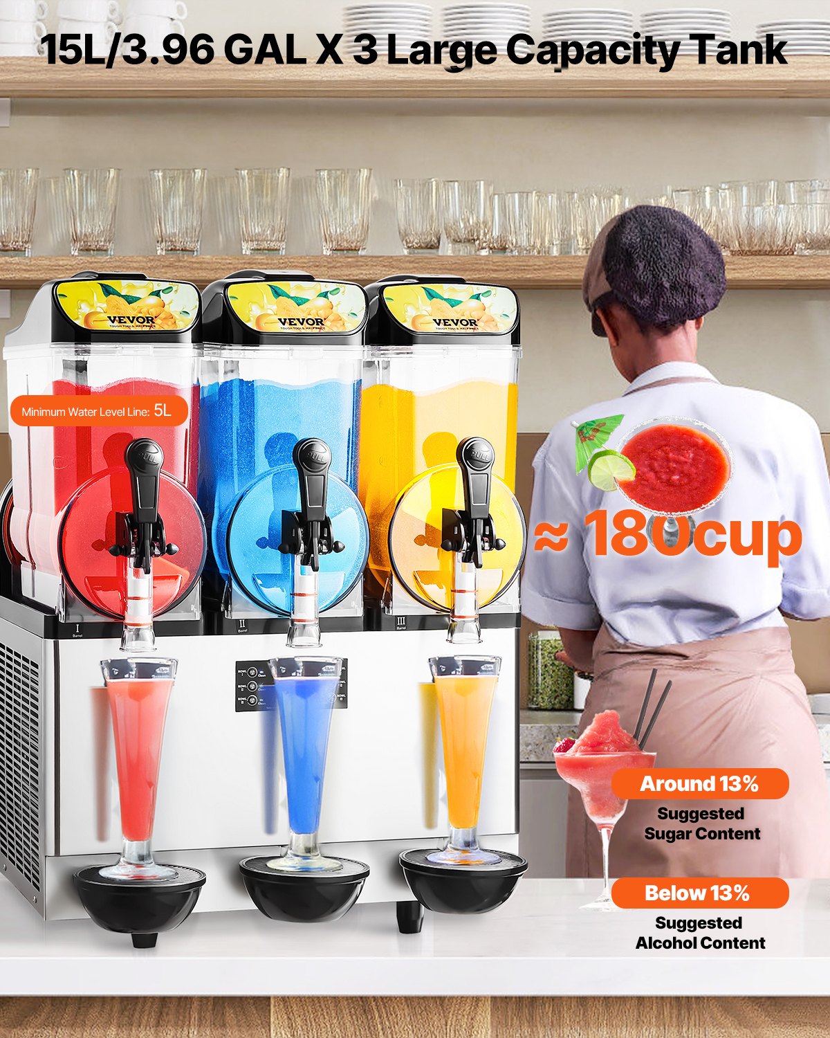 Food Storage: VEVOR Commercial Frozen Drink Maker, 15Lx3 Triple Tank Slushy Machine, 180 Cups Stainless Steel Margarita Smoothie Frozen Drink Machine, Slushie Maker for Home Party Restaurants Cafe Bars