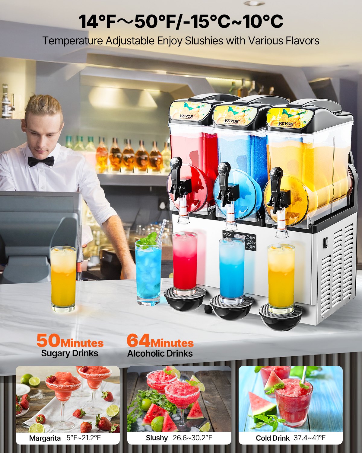 Food Storage: VEVOR Commercial Frozen Drink Maker, 15Lx3 Triple Tank Slushy Machine, 180 Cups Stainless Steel Margarita Smoothie Frozen Drink Machine, Slushie Maker for Home Party Restaurants Cafe Bars