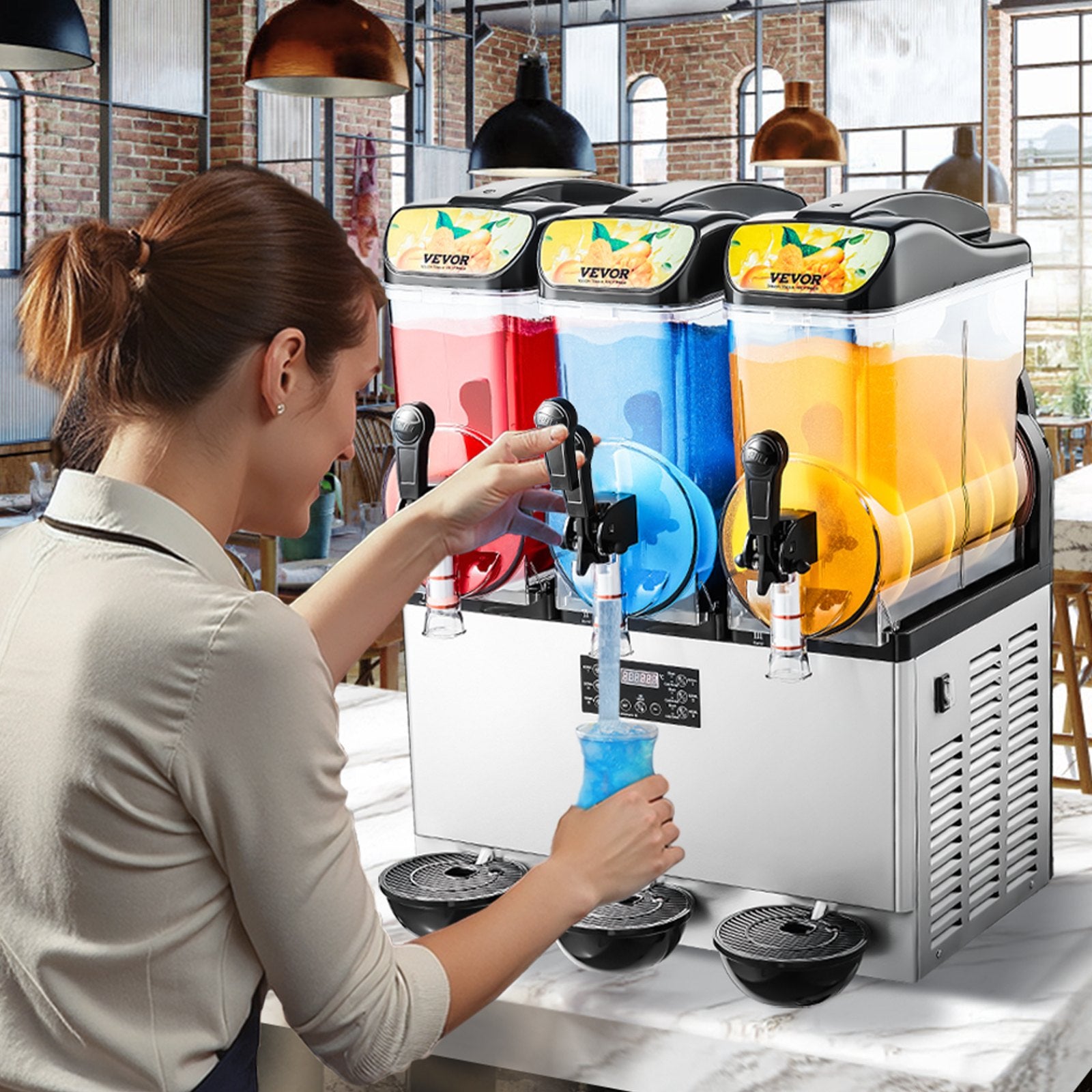 Food Storage: VEVOR Commercial Frozen Drink Maker, 15Lx3 Triple Tank Slushy Machine, 180 Cups Stainless Steel Margarita Smoothie Frozen Drink Machine, Slushie Maker for Home Party Restaurants Cafe Bars