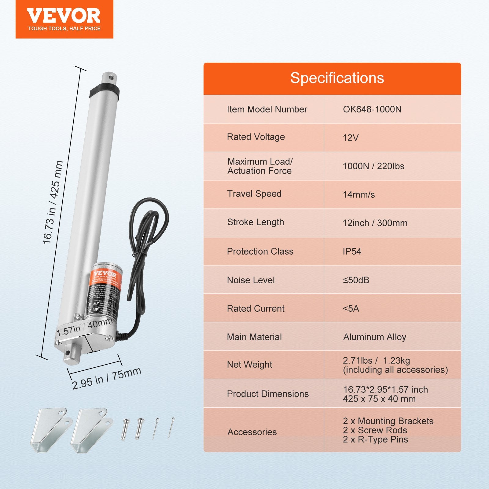 Animal Traps: VEVOR Linear Actuator 12V, 12 Inch High Speed 0.55"/s Linear Actuator, 220lbs/1000N Linear Motion Actuator with Mounting Bracket and IP54 Protection