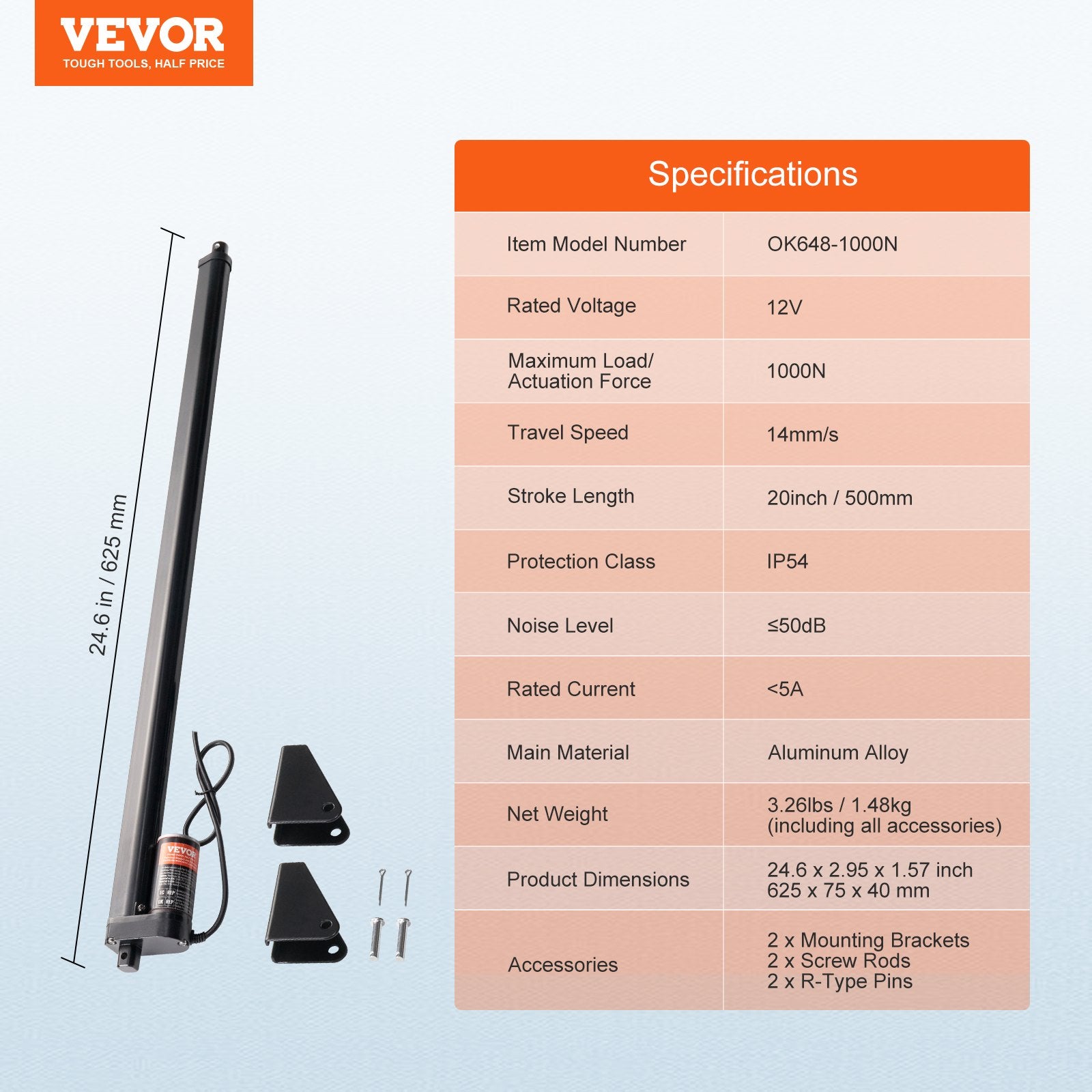 Animal Traps: VEVOR Linear Actuator 12V, 20 Inch High Speed 0.55"/s Linear Actuator, 220lbs/1000N Linear Motion Actuator with Mounting Bracket and IP54 Protection