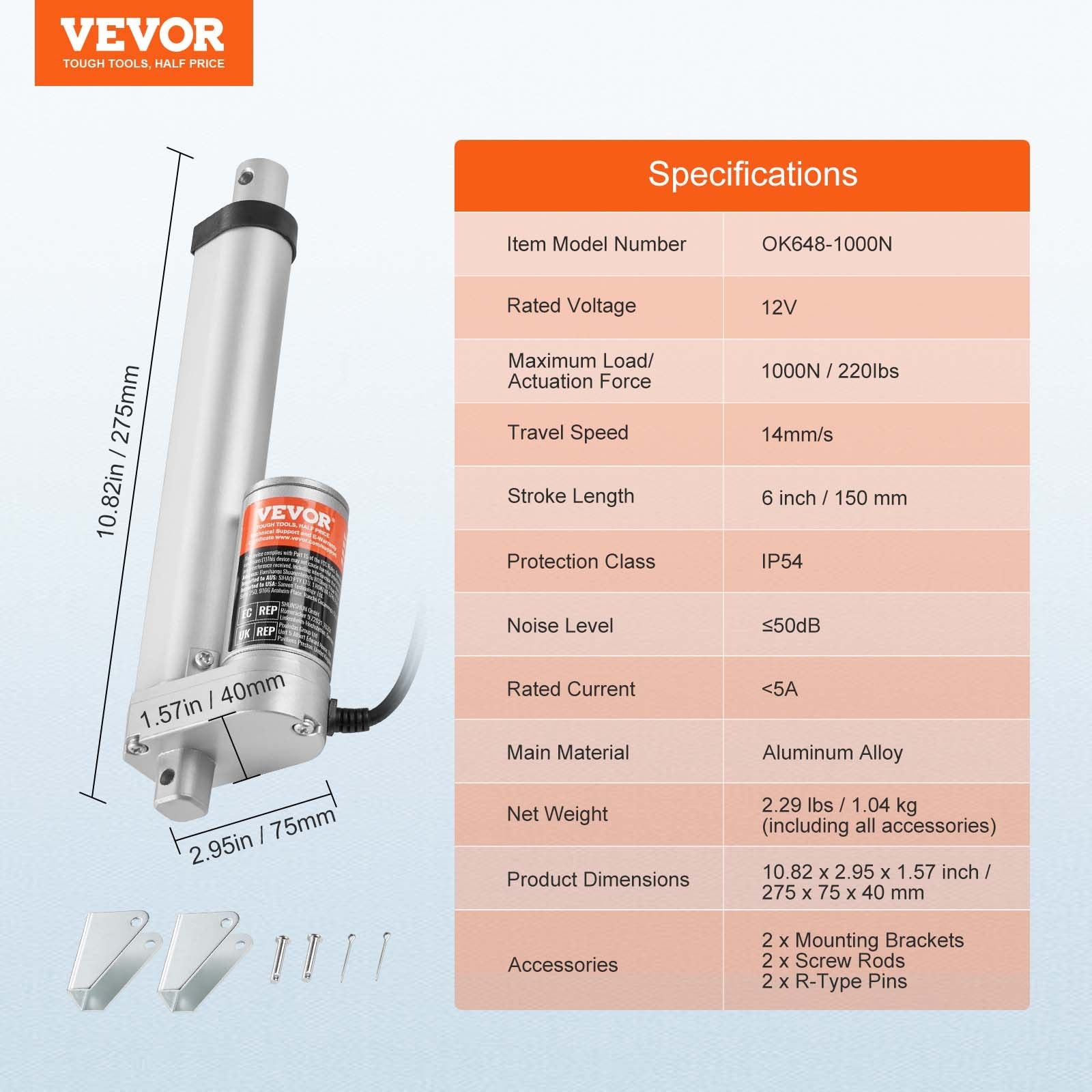 Fuel & Exhaust: VEVOR Linear Actuator 12V 6Inch 0.55"/s High Speed 220lbs/1000N IP54 Protection