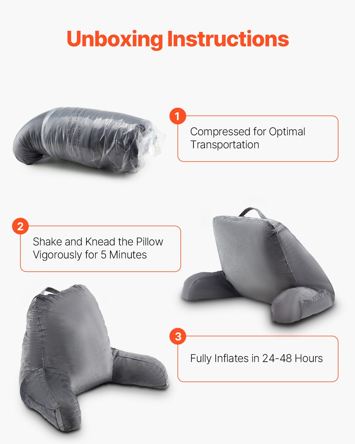 Pillows: VEVOR Reading Pillow, Large Size Bed Pillow with Shredded Memory Foam, Back Pillow with 3 Pockets and Washable Short Velvet Cloth, Top with Handle, for Watching TV, Reading, Gaming, Resting, Grey