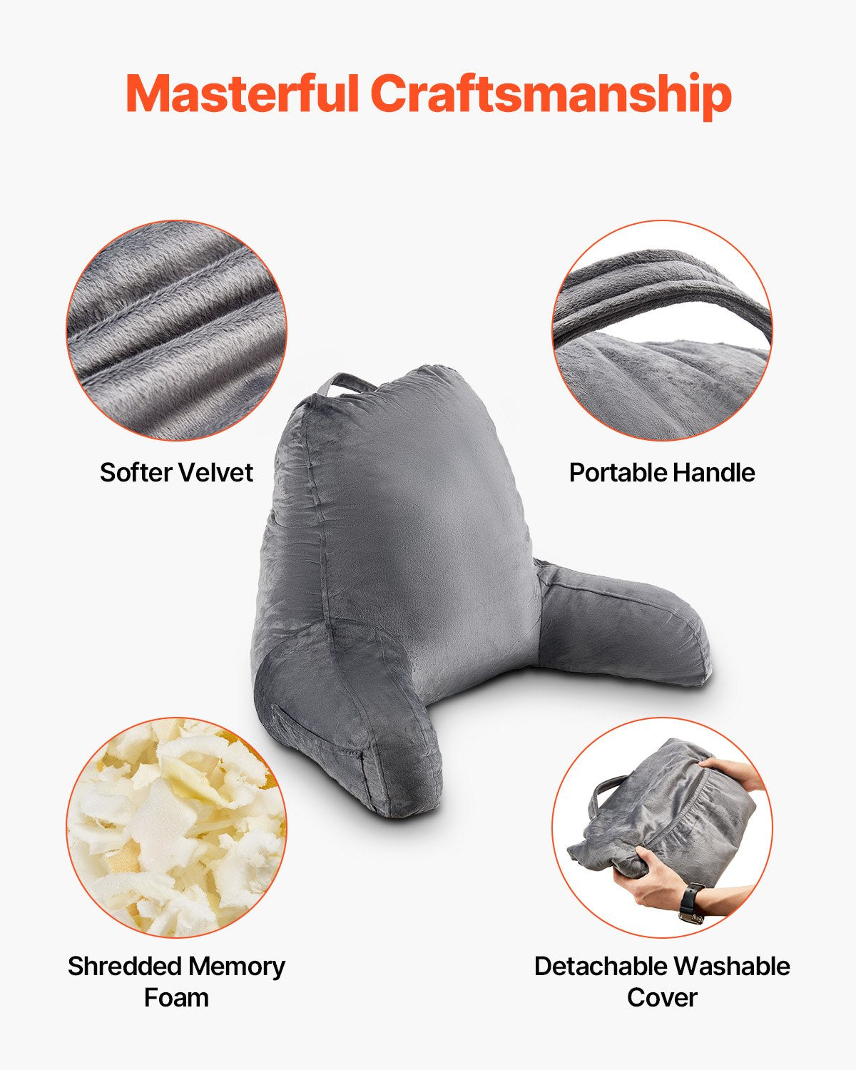 Pillows: VEVOR Reading Pillow, Large Size Bed Pillow with Shredded Memory Foam, Back Pillow with 3 Pockets and Washable Short Velvet Cloth, Top with Handle, for Watching TV, Reading, Gaming, Resting, Grey