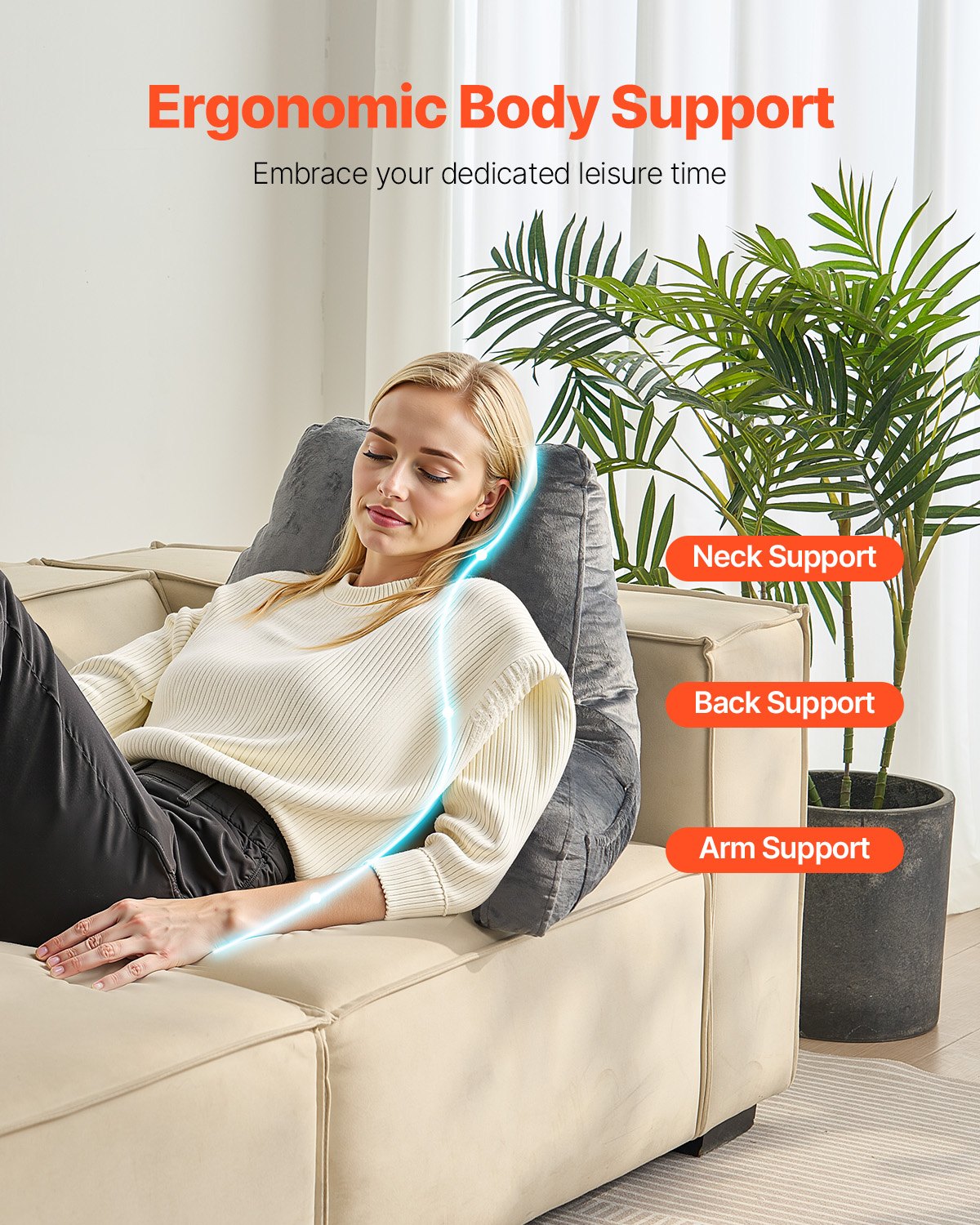 Pillows: VEVOR Reading Pillow, Large Size Bed Pillow with Shredded Memory Foam, Back Pillow with 3 Pockets and Washable Short Velvet Cloth, Top with Handle, for Watching TV, Reading, Gaming, Resting, Grey