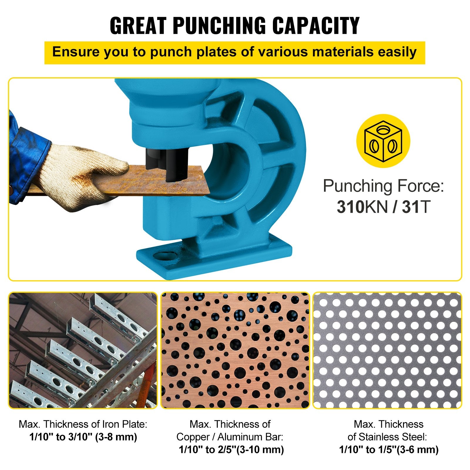 Building Materials: VEVOR CH-60 Hydraulic Hole Punching Tool 31T Hole Digger Force Puncher Smooth Hole Puncher for Iron Plate Copper Bar Aluminum Stainless Steel
