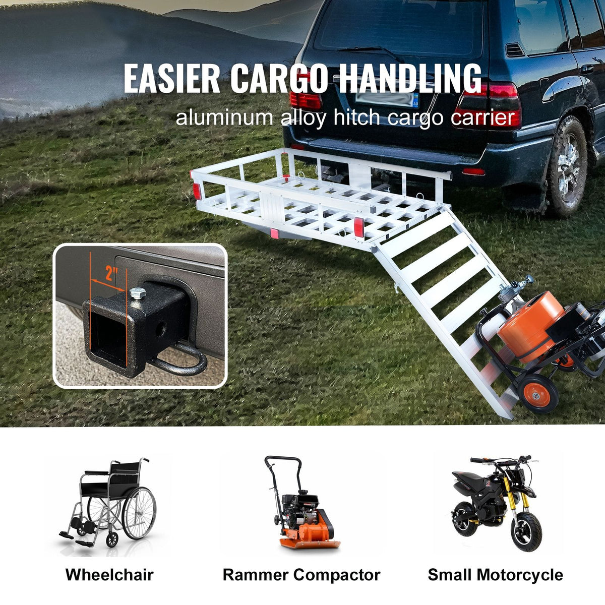 50 x 29.5 x 8.7 in Hitch Cargo Carrier, 500lb Capacity Trailer Hitch Mount Aluminum Cargo Basket with Folding Ramp, Luggage Carrier Rack Fits 2" Hitch Receiver for SUV Truck Pickup Camping
