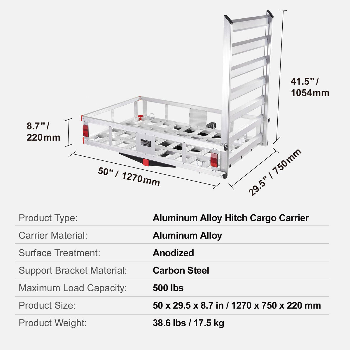 50 x 29.5 x 8.7 in Hitch Cargo Carrier, 500lb Capacity Trailer Hitch Mount Aluminum Cargo Basket with Folding Ramp, Luggage Carrier Rack Fits 2" Hitch Receiver for SUV Truck Pickup Camping