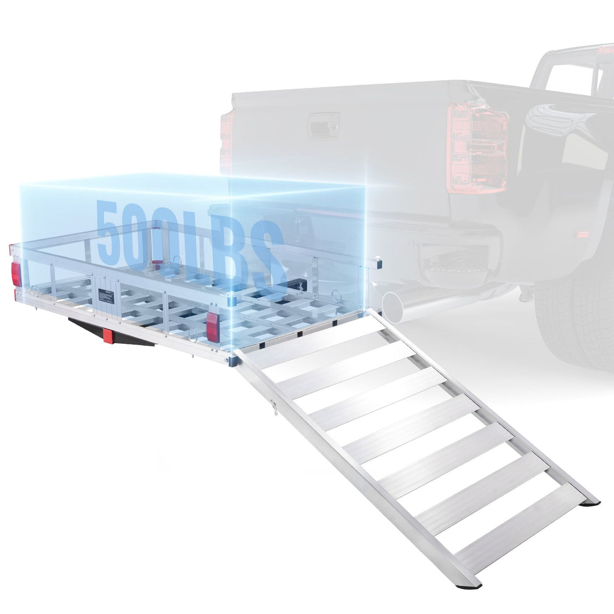 50 x 29.5 x 8.7 in Hitch Cargo Carrier, 500lb Capacity Trailer Hitch Mount Aluminum Cargo Basket with Folding Ramp, Luggage Carrier Rack Fits 2" Hitch Receiver for SUV Truck Pickup Camping