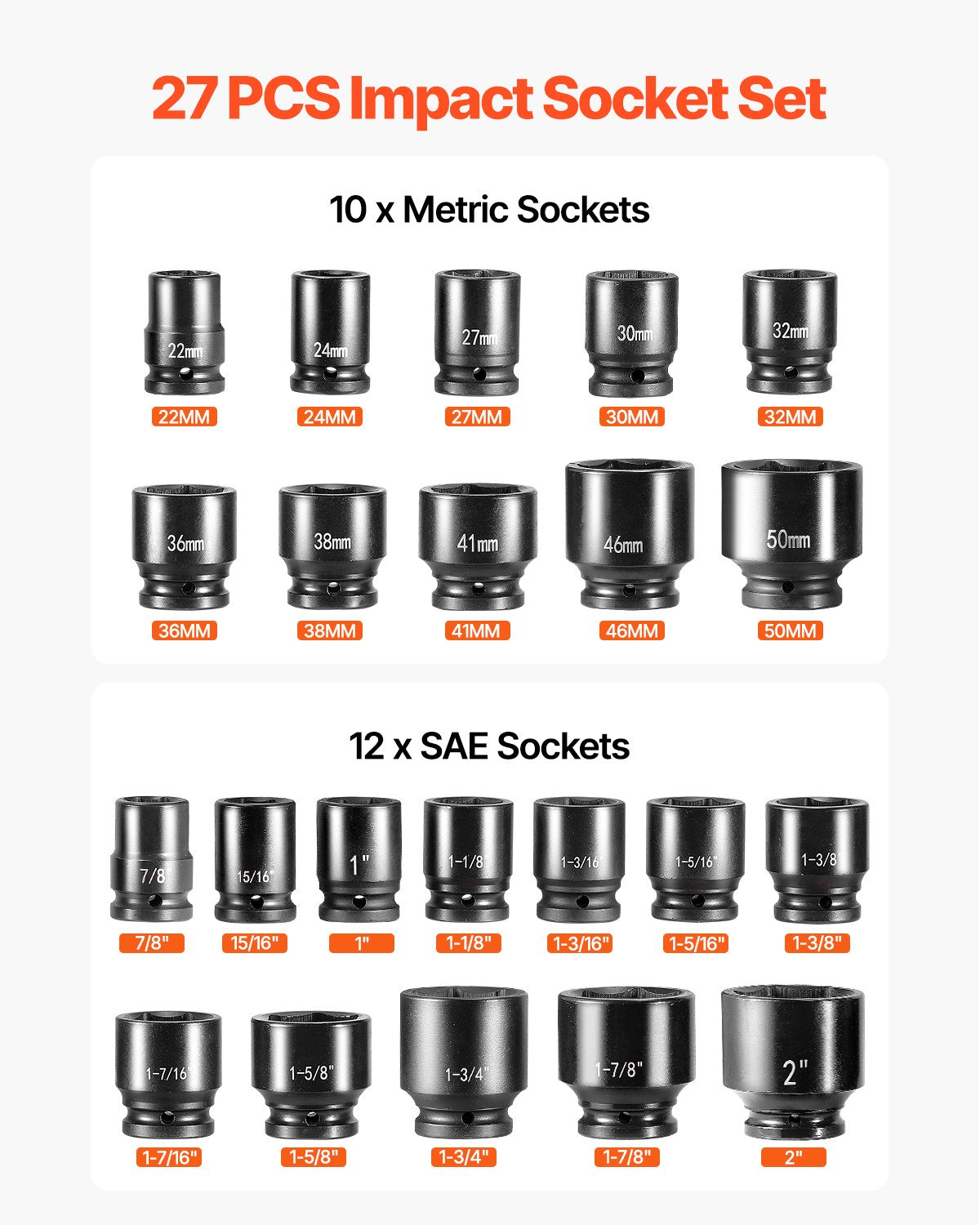 Automotive Repair & Speciality Tools: Impact Socket Set 3/4 Inches 27 Piece SAE 7/8 to 2 Inches and Metric 22 to 50 mm