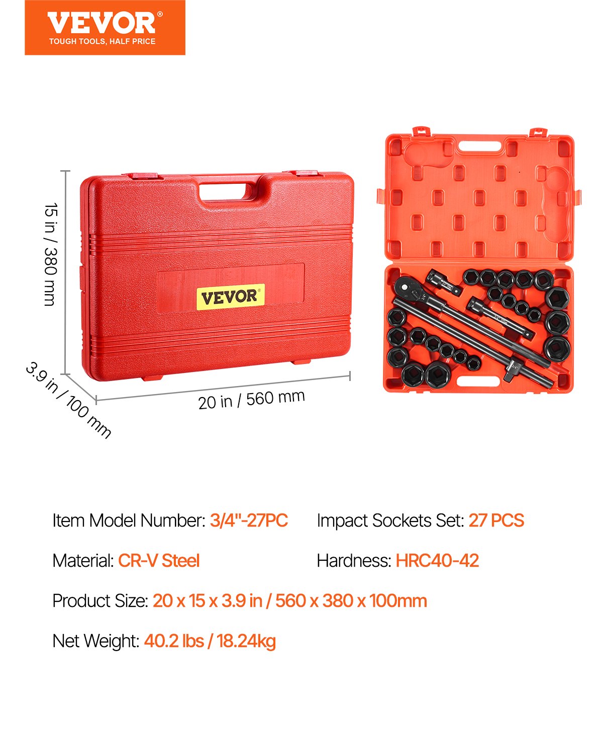 Automotive Repair & Speciality Tools: Impact Socket Set 3/4 Inches 27 Piece SAE 7/8 to 2 Inches and Metric 22 to 50 mm