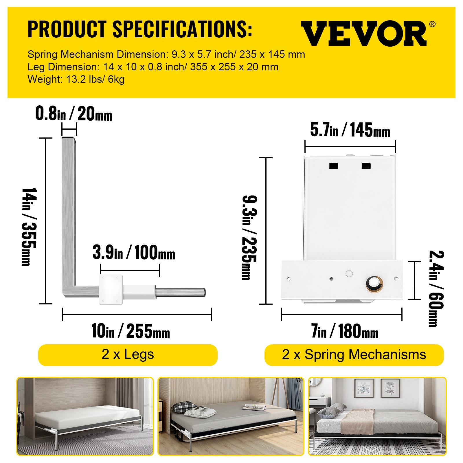 Beds & Bed Frames: VEVOR DIY Murphy Bed Springs Mechanism Hardware Kit Horizontal for Twin Size Bed