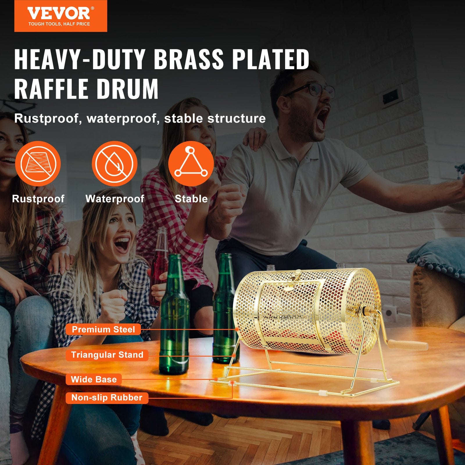 Board Games: VEVOR Raffle Drum, 11.6 x Ø7.48 inch Brass Plated Raffle Ticket Spinning Cage, Holds 2500 Tickets or 100 Ping Pong Balls, Metal Lottery Spinning Drawing with Wooden Turning Handle, for Bingo Ballot Pa
