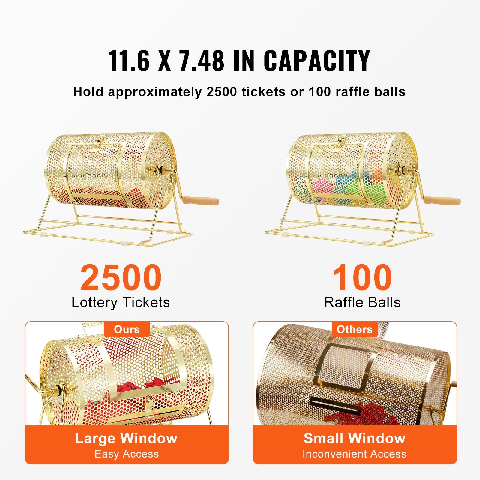 Board Games: VEVOR Raffle Drum, 11.6 x Ø7.48 inch Brass Plated Raffle Ticket Spinning Cage, Holds 2500 Tickets or 100 Ping Pong Balls, Metal Lottery Spinning Drawing with Wooden Turning Handle, for Bingo Ballot Pa