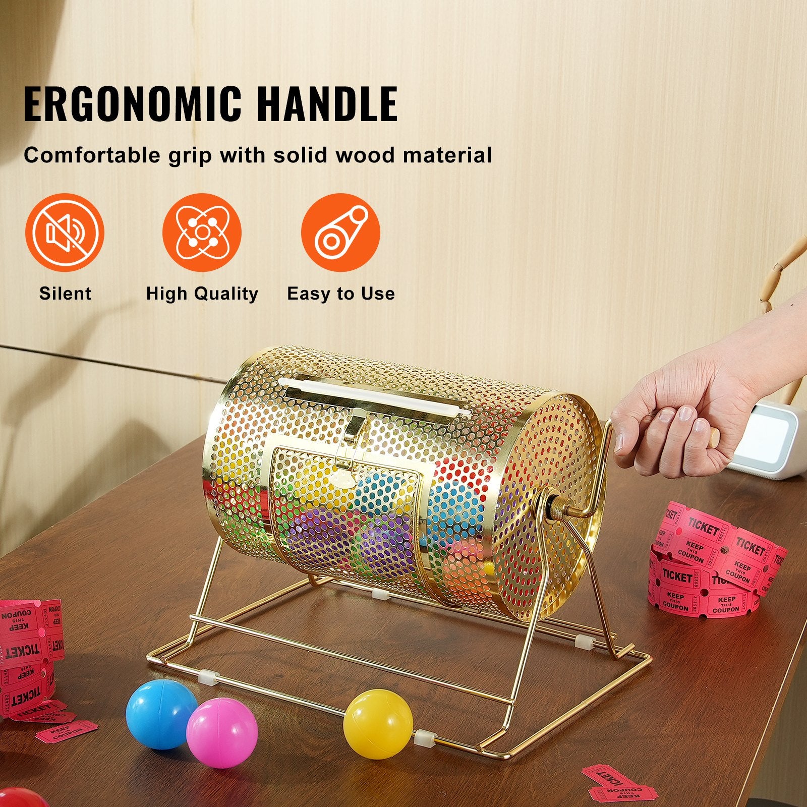 Board Games: VEVOR Raffle Drum, 11.6 x Ø7.48 inch Brass Plated Raffle Ticket Spinning Cage, Holds 2500 Tickets or 100 Ping Pong Balls, Metal Lottery Spinning Drawing with Wooden Turning Handle, for Bingo Ballot Pa