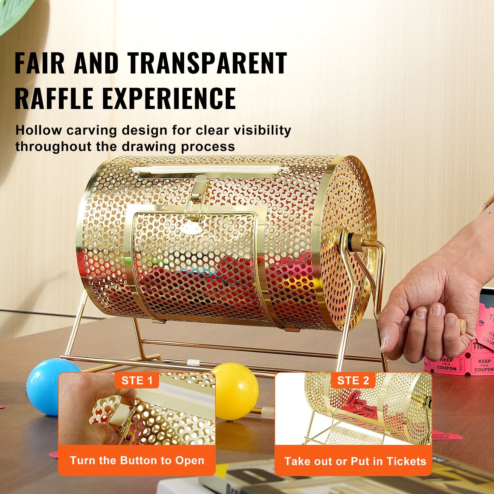 Board Games: VEVOR Raffle Drum, 11.6 x Ø7.48 inch Brass Plated Raffle Ticket Spinning Cage, Holds 2500 Tickets or 100 Ping Pong Balls, Metal Lottery Spinning Drawing with Wooden Turning Handle, for Bingo Ballot Pa