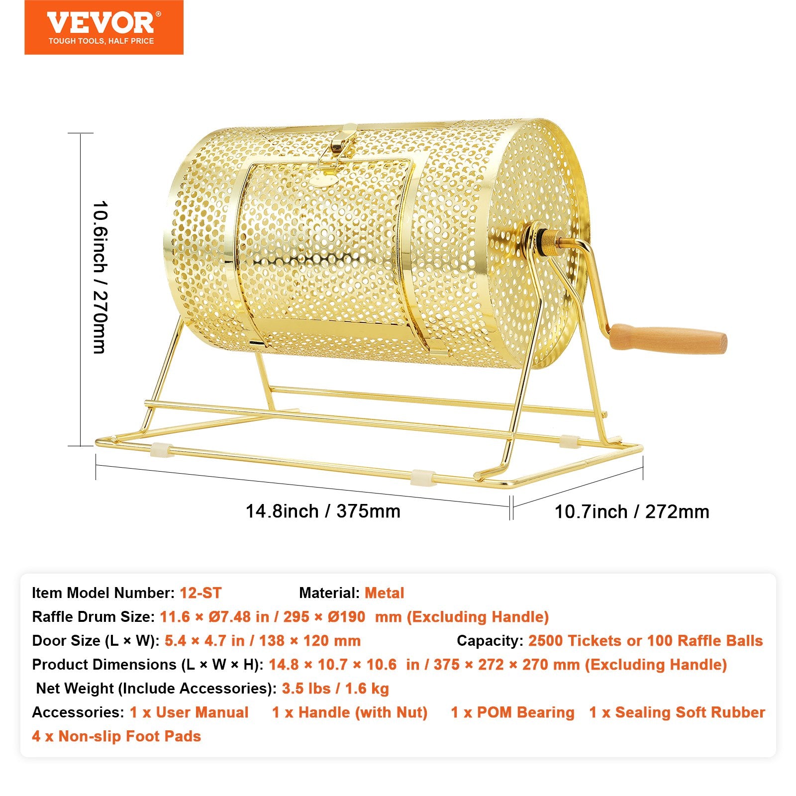 Board Games: VEVOR Raffle Drum, 11.6 x Ø7.48 inch Brass Plated Raffle Ticket Spinning Cage, Holds 2500 Tickets or 100 Ping Pong Balls, Metal Lottery Spinning Drawing with Wooden Turning Handle, for Bingo Ballot Pa