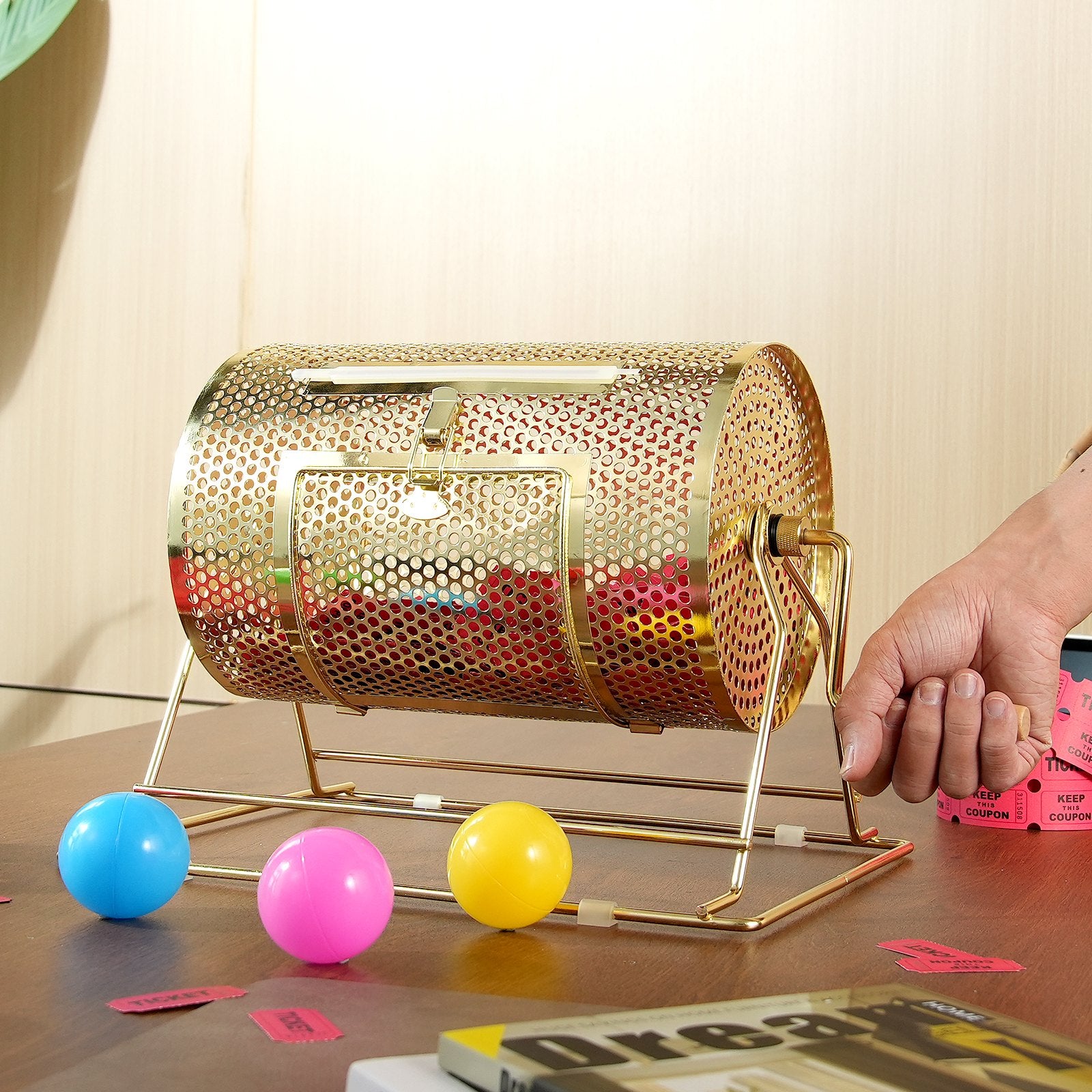 Board Games: VEVOR Raffle Drum, 11.6 x Ø7.48 inch Brass Plated Raffle Ticket Spinning Cage, Holds 2500 Tickets or 100 Ping Pong Balls, Metal Lottery Spinning Drawing with Wooden Turning Handle, for Bingo Ballot Pa