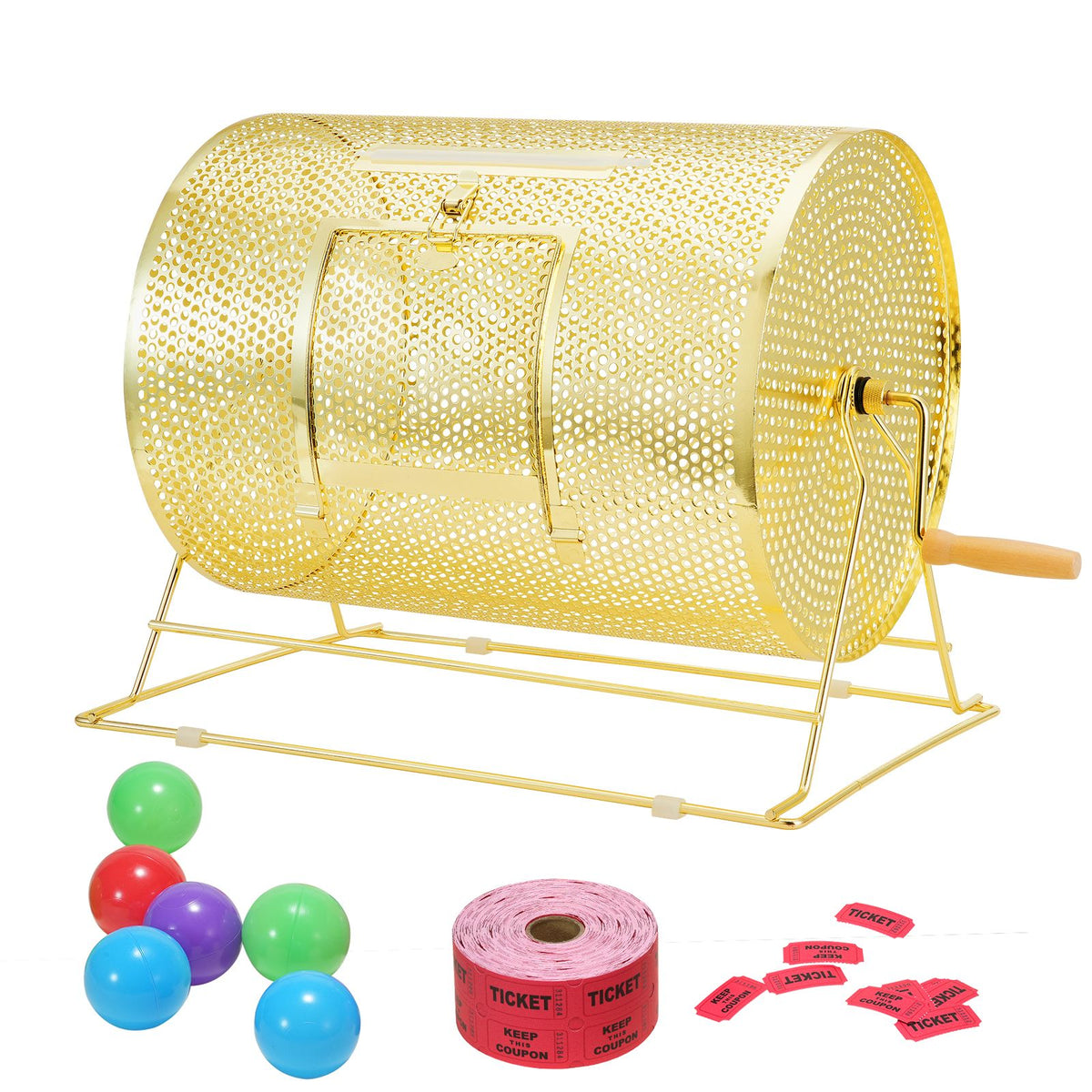 Raffle Drum, 16.1 x Ø12 inch Brass Plated Raffle Ticket Spinning Cage, Holds 5000 Tickets or 200 Ping Pong Balls, Metal Lottery Spinning Drawing with Wooden Turning Handle, for Bingo Ballot Part