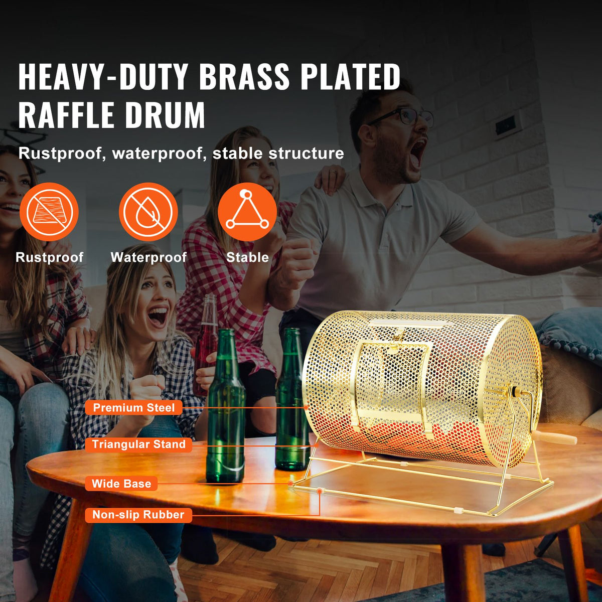 Raffle Drum, 16.1 x Ø12 inch Brass Plated Raffle Ticket Spinning Cage, Holds 5000 Tickets or 200 Ping Pong Balls, Metal Lottery Spinning Drawing with Wooden Turning Handle, for Bingo Ballot Part