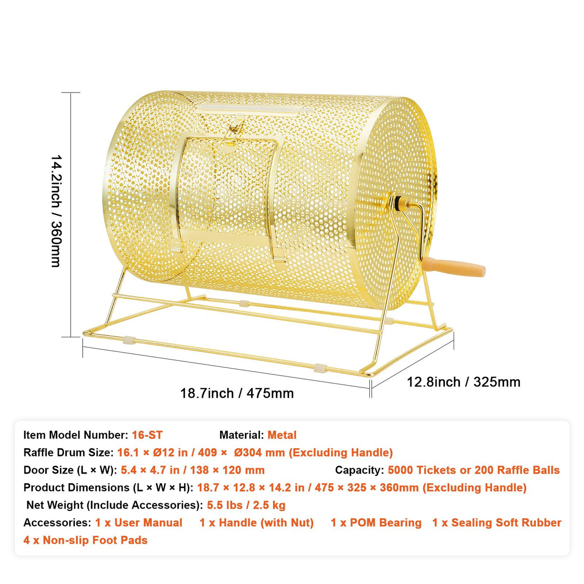 Raffle Drum, 16.1 x Ø12 inch Brass Plated Raffle Ticket Spinning Cage, Holds 5000 Tickets or 200 Ping Pong Balls, Metal Lottery Spinning Drawing with Wooden Turning Handle, for Bingo Ballot Part