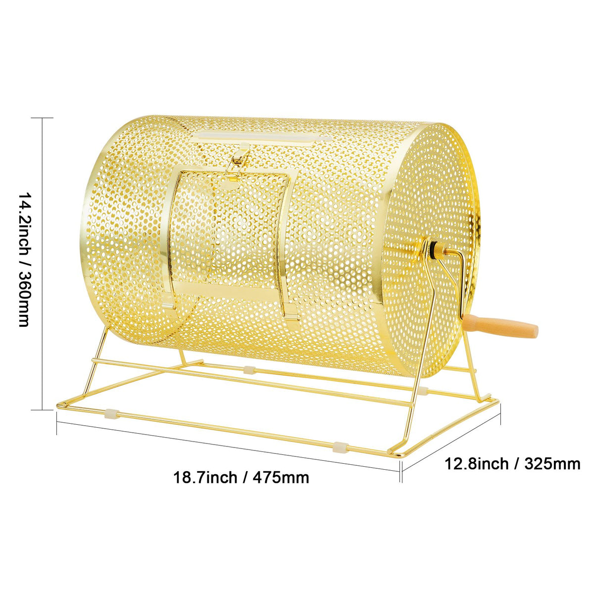 Raffle Drum, 16.1 x Ø12 inch Brass Plated Raffle Ticket Spinning Cage, Holds 5000 Tickets or 200 Ping Pong Balls, Metal Lottery Spinning Drawing with Wooden Turning Handle, for Bingo Ballot Part