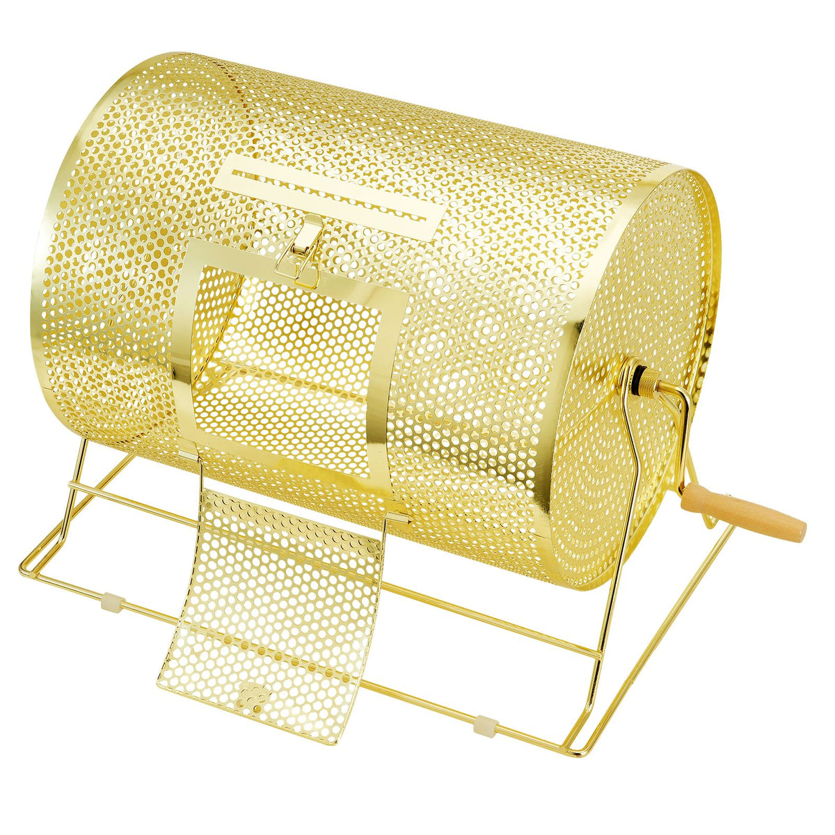 Raffle Drum, 16.1 x Ø12 inch Brass Plated Raffle Ticket Spinning Cage, Holds 5000 Tickets or 200 Ping Pong Balls, Metal Lottery Spinning Drawing with Wooden Turning Handle, for Bingo Ballot Part