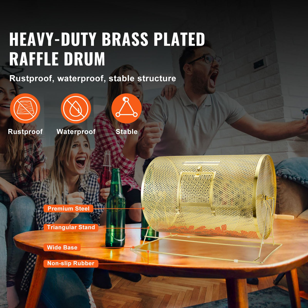 Raffle Drum, 14.8 x Ø21.26 inch Brass Plated Raffle Ticket Spinning Cage, Holds 10000 Tickets or 300 Ping Pong Balls, Metal Lottery Spinning Drawing with Wooden Turning Handle, for Bingo Ballot