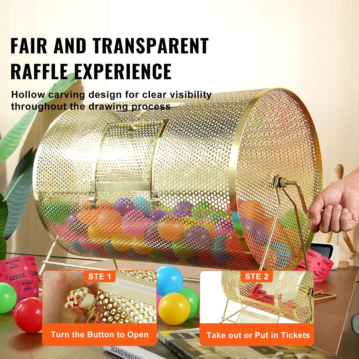Raffle Drum, 14.8 x Ø21.26 inch Brass Plated Raffle Ticket Spinning Cage, Holds 10000 Tickets or 300 Ping Pong Balls, Metal Lottery Spinning Drawing with Wooden Turning Handle, for Bingo Ballot