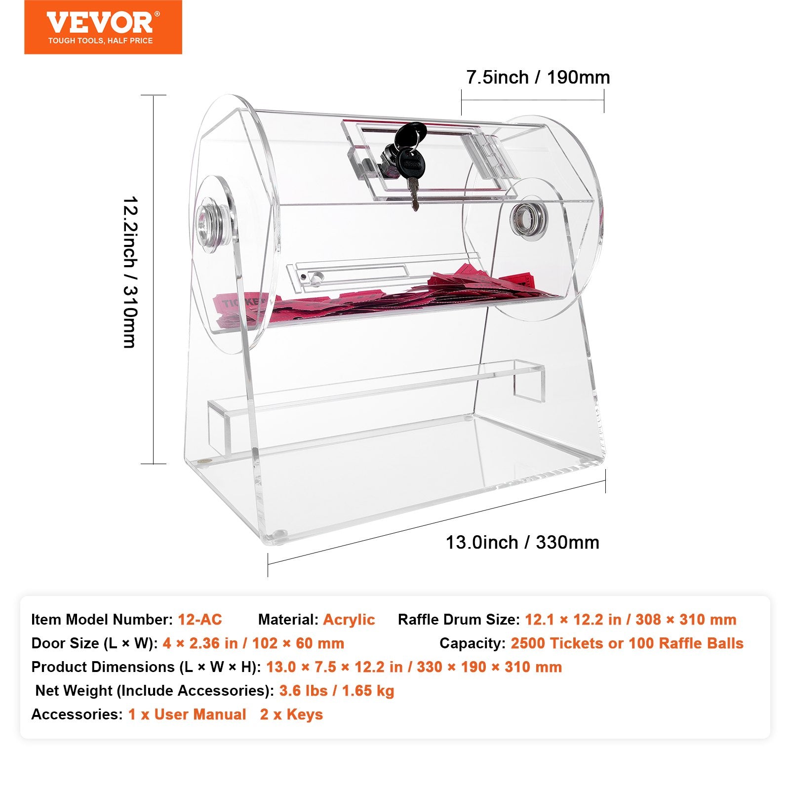 Board Games: VEVOR Acrylic Raffle Drum, Holds 2500 Tickets or 100 Raffle Balls, Professional Raffle Ticket Spinning Cage with 2 Keys, Transparent Lottery Spinning Drawing, Raffle Ticket Box for Lottery Games Bingo