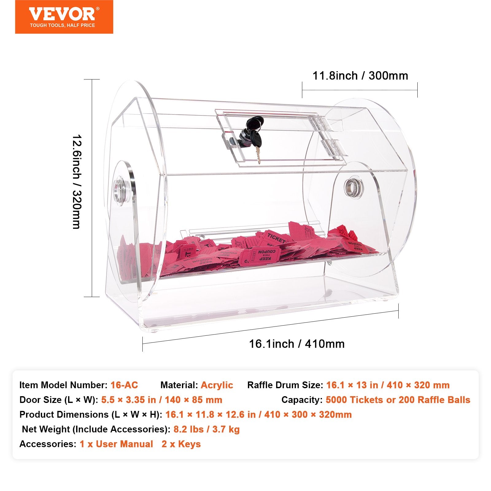Card Games: VEVOR Acrylic Raffle Drum, Holds 5000 Tickets or 200 Raffle Balls, Professional Raffle Ticket Spinning Cage with 2 Keys, Transparent Lottery Spinning Drawing, Raffle Ticket Box for Lottery Games Bingo