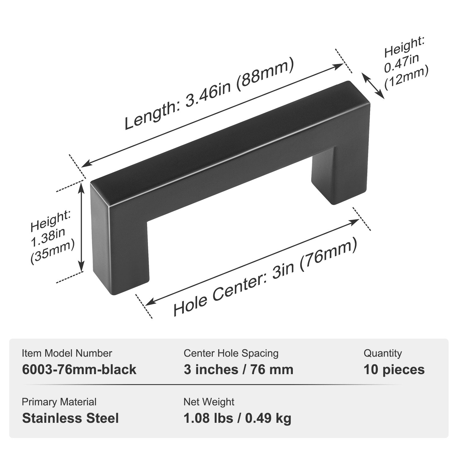 Kitchen & Bathroom DIY: VEVOR 10 Pack Cabinet Pulls, 3in / 76mm Center to Center Slim Square Kitchen Cabinet Drawer, Stainless Steel Modern Kitchen Cupboard Door Handles for Kitchen Bathroom Bar Hardware Matte Black