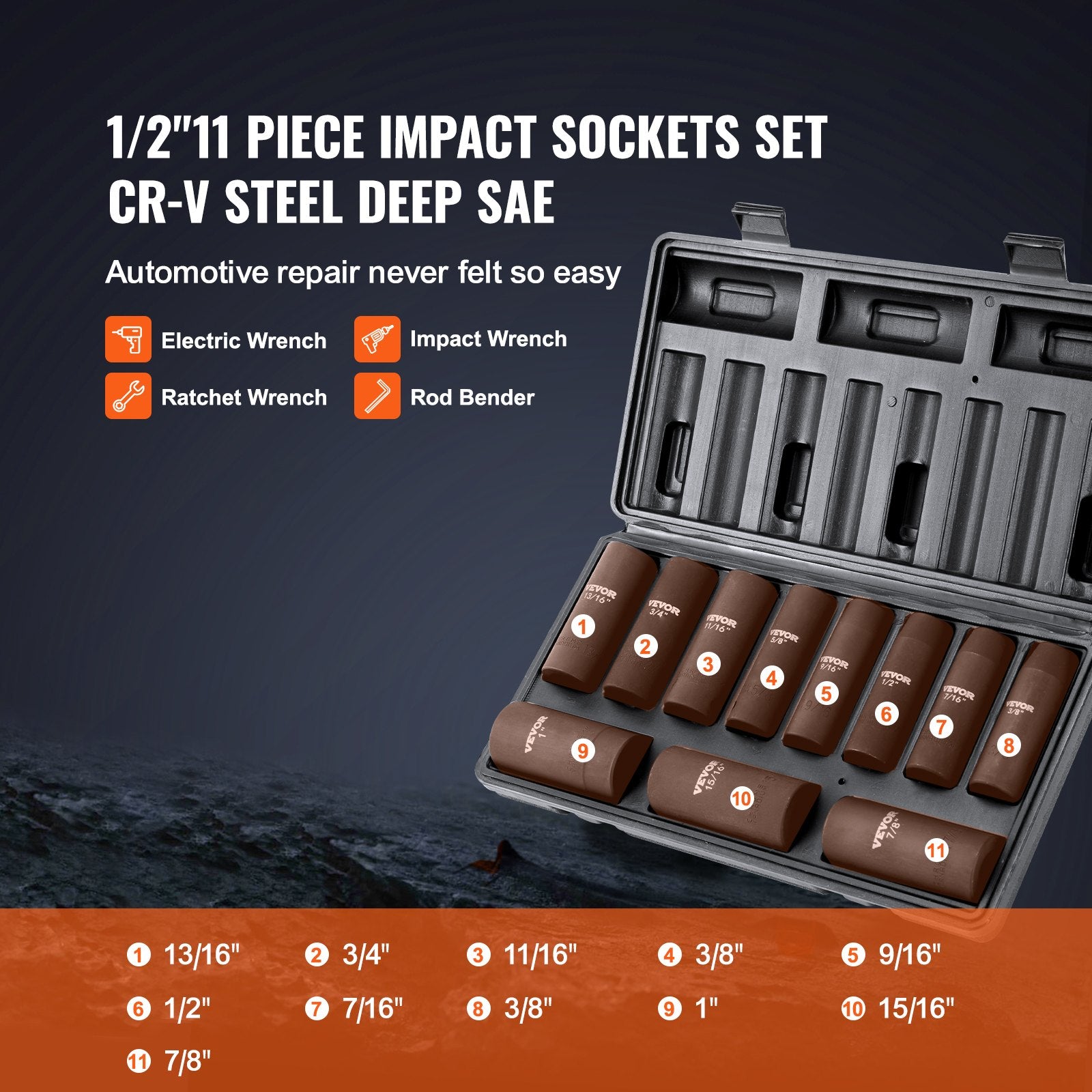 Automotive Repair & Speciality Tools: VEVOR 1/2" Drive Impact Socket Set, 11 Piece Deep Socket Set SAE 3/8"-1", 6 Point CR-V Alloy Steel for Auto Repair, Easy-to-Read Size Markings, Rugged Construction, Includes Storage Case