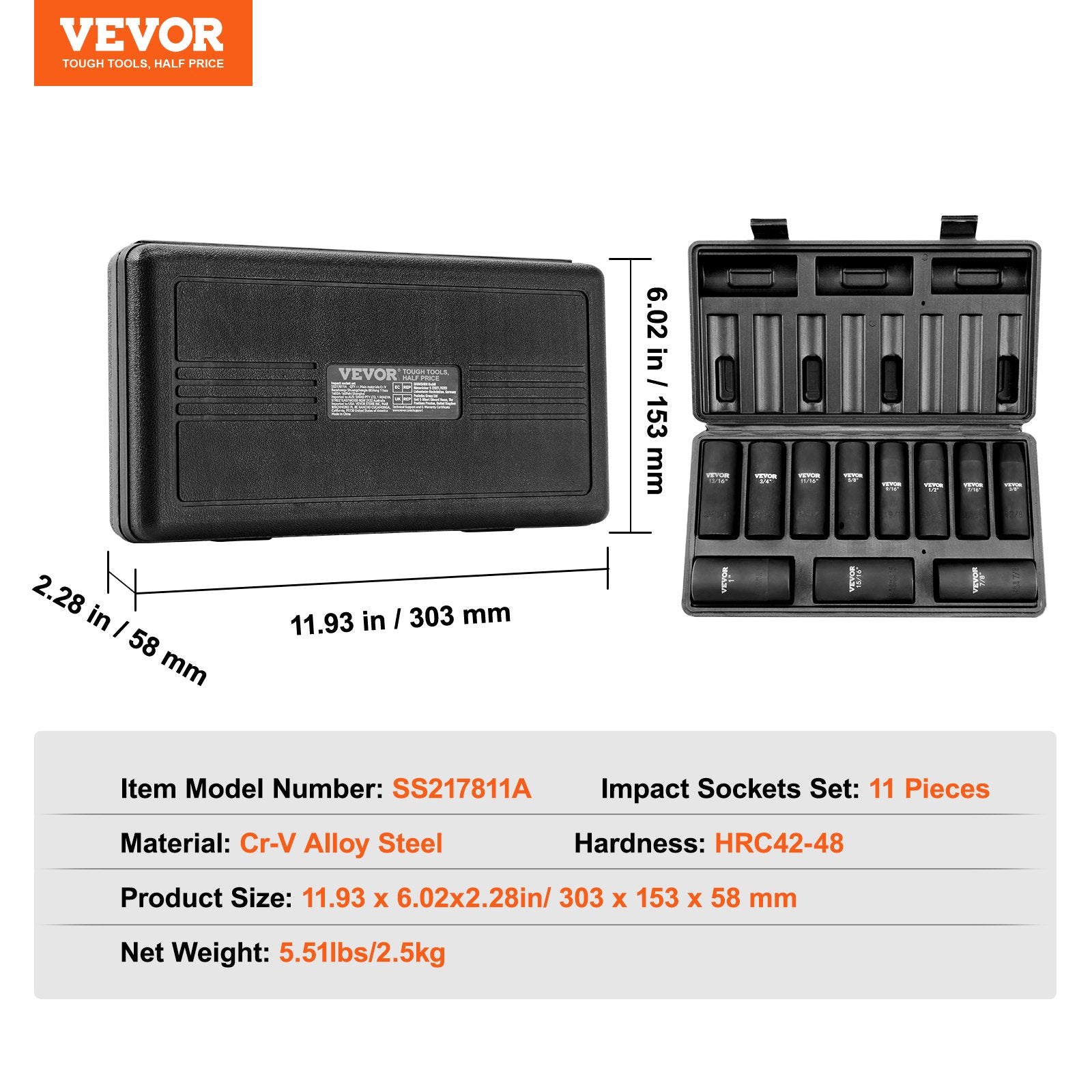 Automotive Repair & Speciality Tools: VEVOR 1/2" Drive Impact Socket Set, 11 Piece Deep Socket Set SAE 3/8"-1", 6 Point CR-V Alloy Steel for Auto Repair, Easy-to-Read Size Markings, Rugged Construction, Includes Storage Case