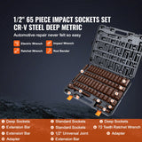 Tool Sockets: VEVOR 1/2" Drive Impact Socket Set, 65 Piece Socket Set SAE 3/8" to 1-1/4" and Metric 10-24mm, 6 Point Cr-V Alloy Steel for Auto Repair, Rugged Construction, Easy-to-Read Size Markings, Storage Case