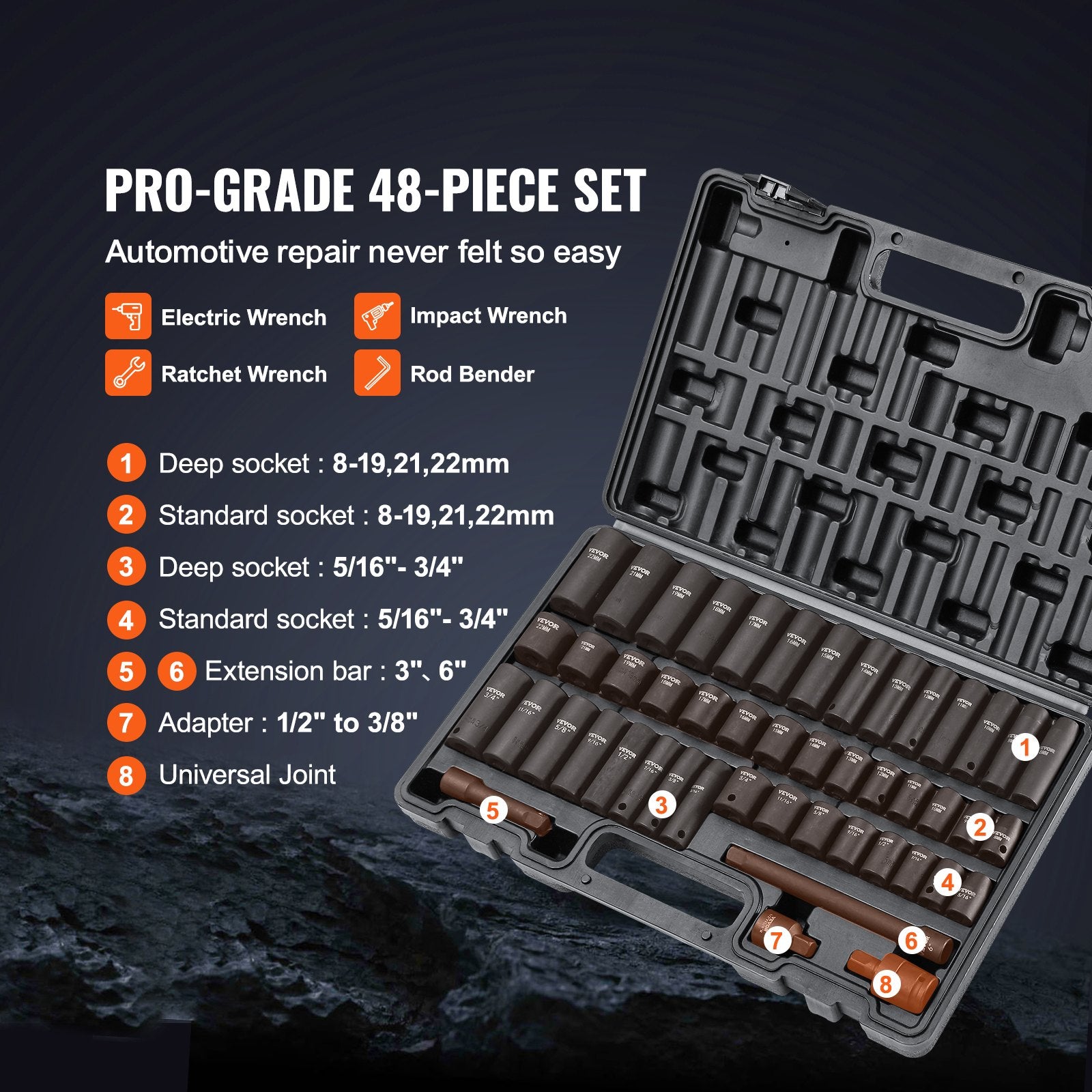 Work Safety Protective Equipment: VEVOR 3/8" Drive Impact Socket Set, 48 Piece Socket Set SAE （5/16" -3/4"） & Metric （8-22mm）6 Point Cr-V Drive Extension Bar Universal Joint & Power Drill Adapter Includes Storage Case
