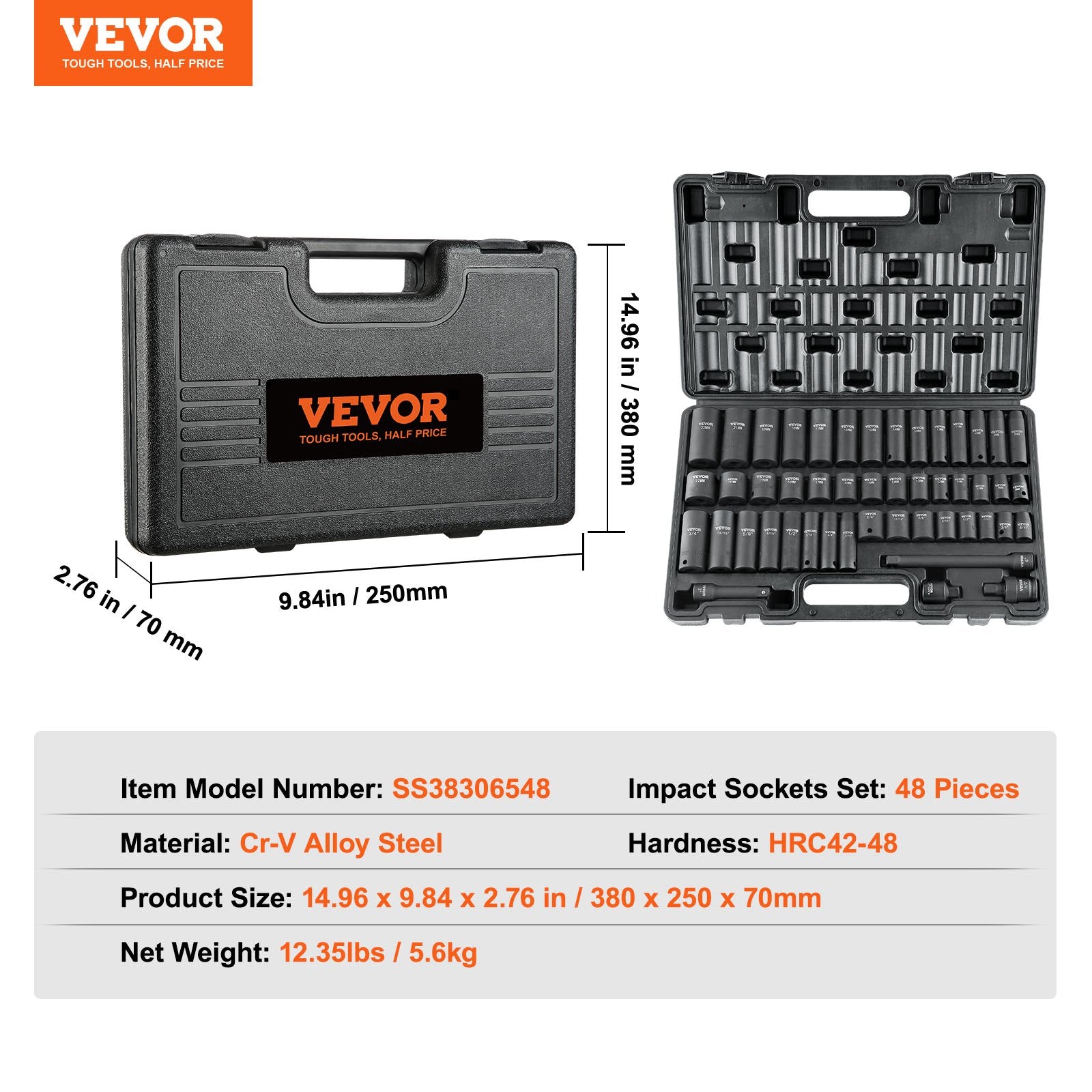 Work Safety Protective Equipment: VEVOR 3/8" Drive Impact Socket Set, 48 Piece Socket Set SAE （5/16" -3/4"） & Metric （8-22mm）6 Point Cr-V Drive Extension Bar Universal Joint & Power Drill Adapter Includes Storage Case