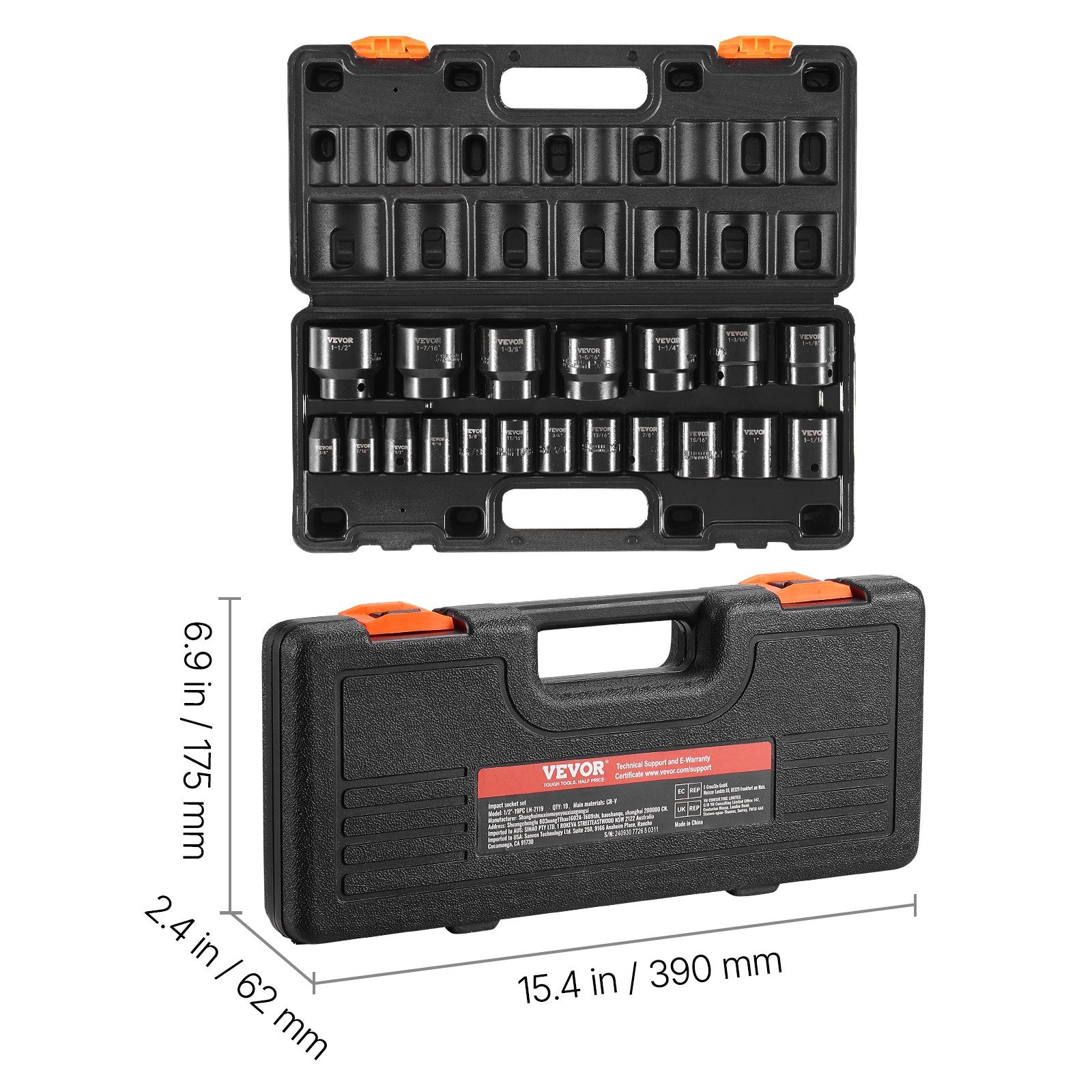 Tool Sockets: VEVOR Impact Socket Set 1/2 Inches 19 Piece Impact Sockets, Standard Socket Assortment, 1/2 Inches Drive Socket Set Impact Standard SAE (3/8 Inches to 1-1/2 Inches) 6-point Hex Sockets