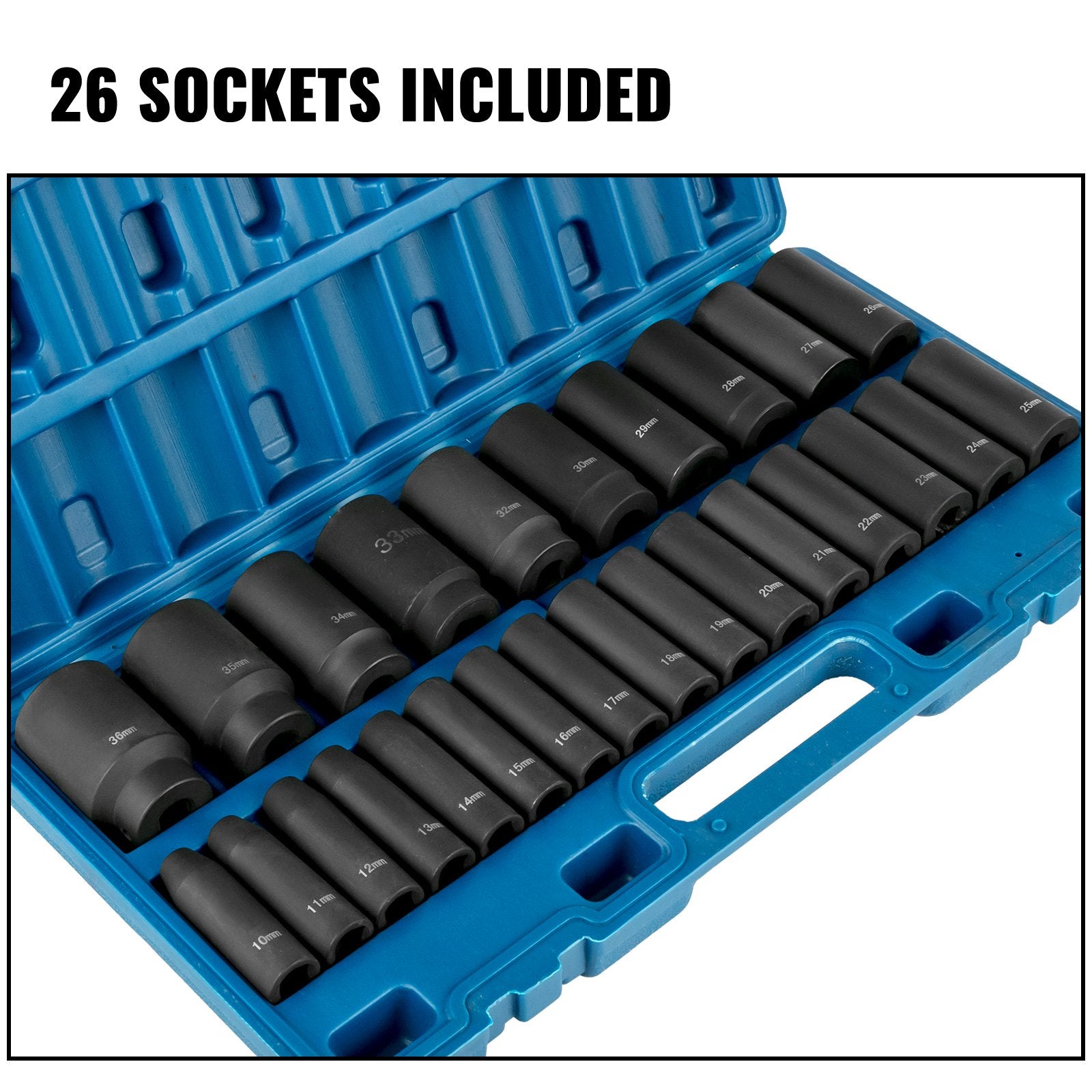 Tool Sockets: VEVOR Impact Sockets Set 1/2 Inch Drive 26 PCS Metric 10mm - 36mm Deep 6-Point Set