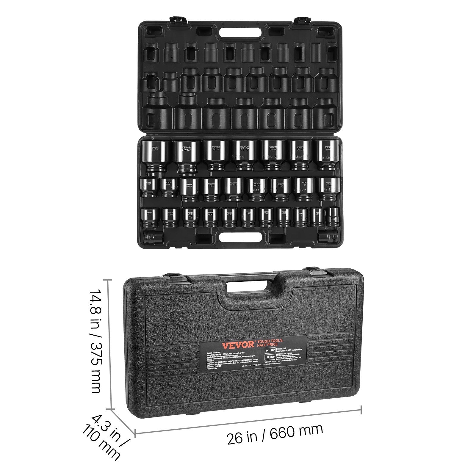 Impact Socket Set 3/4 Inches 29 Piece Impact Sockets, 6-Point Sockets, Rugged Construction, CR-M0, 3/4 Inches Drive Socket Set Impact SAE 3/4 inch - 2-1/2 inch, with a Storage Cage