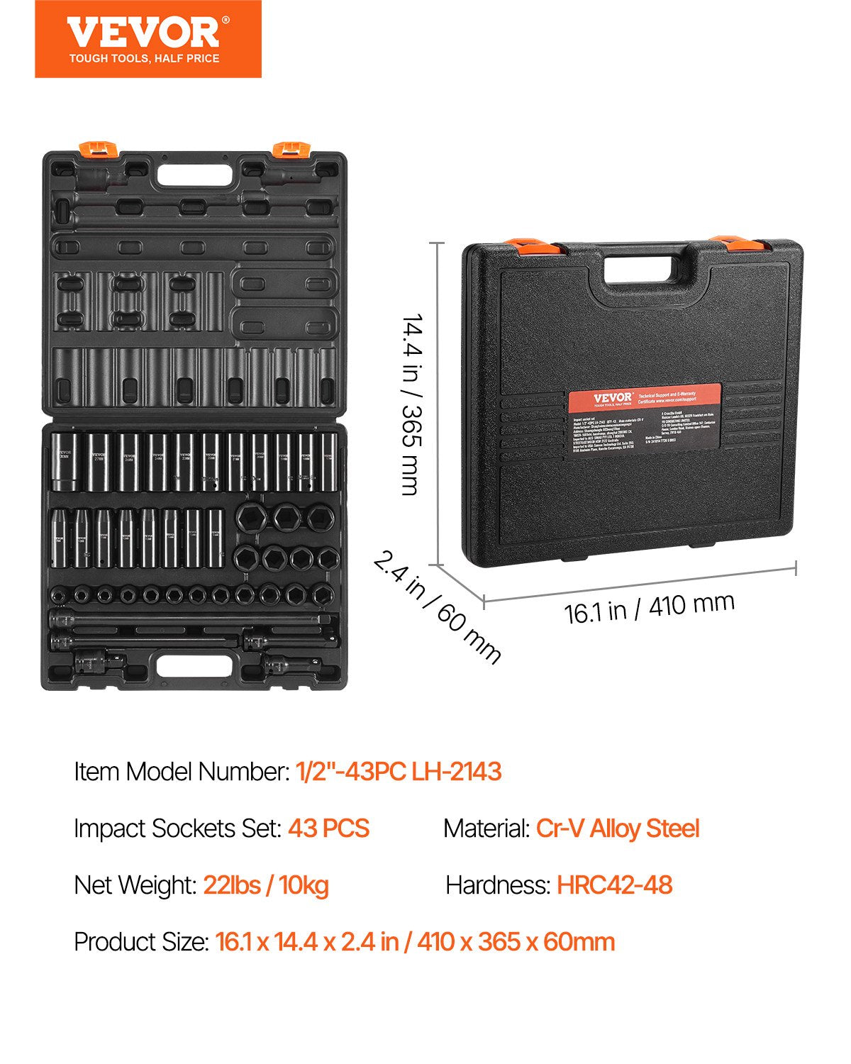 Tool Sockets: VEVOR Impact Socket Set 43 Piece Impact Sockets, Standard Socket Assortment, Drive Socket Set 6-Point Sockets Metric 9-30mm (Standard/Deep)