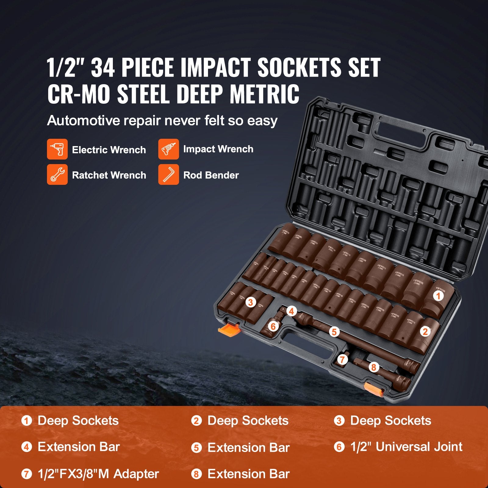 Tool Sockets: VEVOR 1/2" Drive Deep Impact Socket Set, 34pcs Socket Set Metric （8-36mm） 6 Point Cr-MO Alloy Steel for Auto Repair, Rugged Construction, Includes Heavy Duty Storage Case