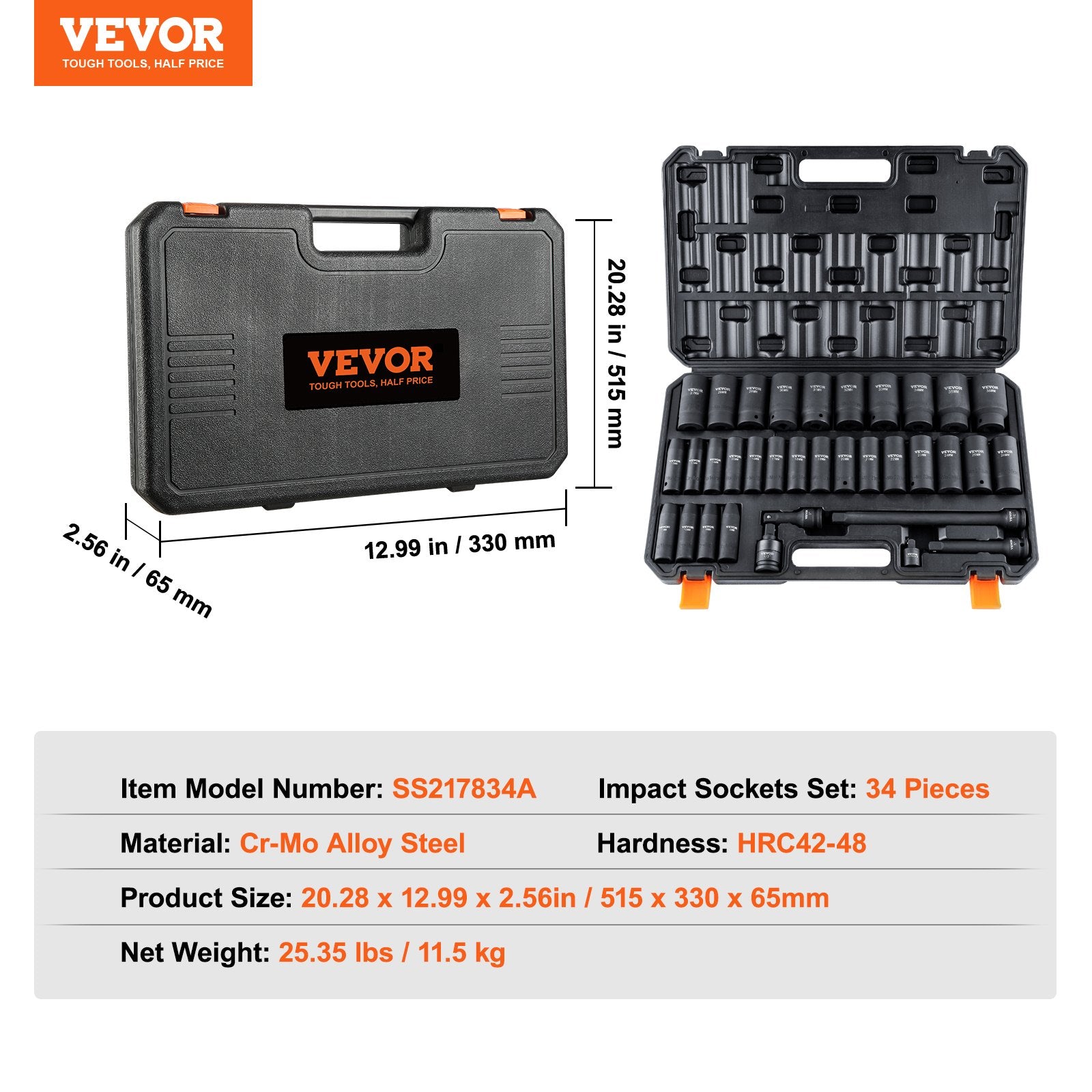 Tool Sockets: VEVOR 1/2" Drive Deep Impact Socket Set, 34pcs Socket Set Metric （8-36mm） 6 Point Cr-MO Alloy Steel for Auto Repair, Rugged Construction, Includes Heavy Duty Storage Case