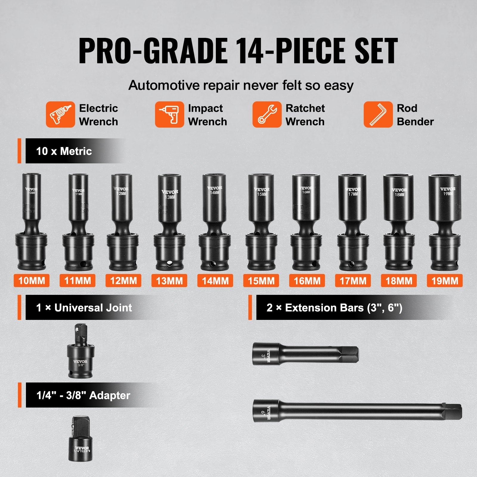 Tool Sockets: VEVOR 360 Degree Swivel Impact Sockets Set 14pcs 6-Point 3/8in Drive Socket Set