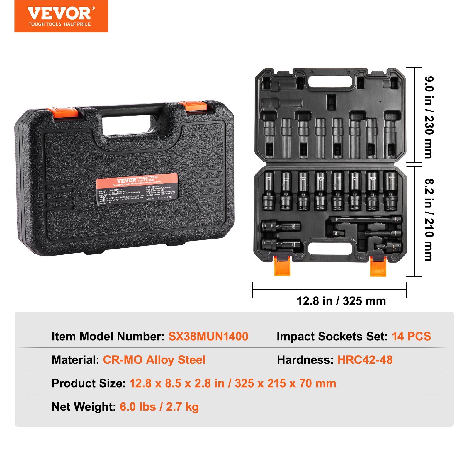 Tool Sockets: VEVOR 360 Degree Swivel Impact Sockets Set 14pcs 6-Point 3/8in Drive Socket Set