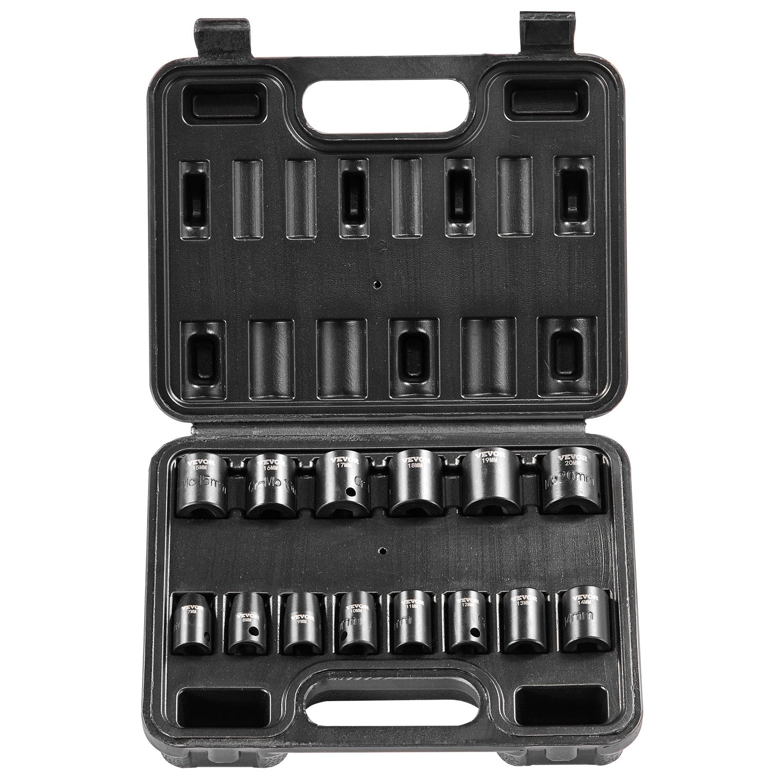 Tool Sockets: VEVOR 3/8" Drive Impact Socket Set, 14 Piece Shallow Socket Set Metric 7-20mm, 6 Point Cr-Mo Alloy Steel for Auto Repair, Easy-to-Read Size Markings, Rugged Construction, Includes Storage Case