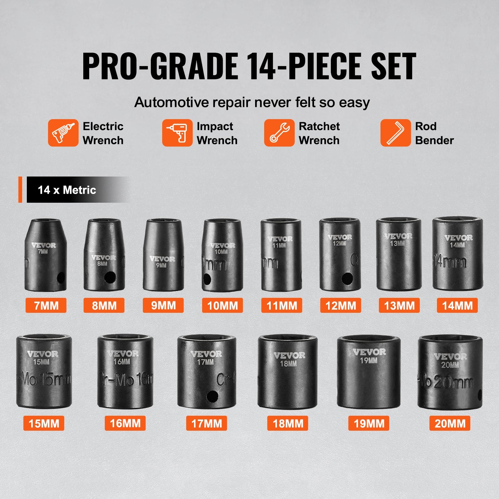 Tool Sockets: VEVOR 3/8" Drive Impact Socket Set, 14 Piece Shallow Socket Set Metric 7-20mm, 6 Point Cr-Mo Alloy Steel for Auto Repair, Easy-to-Read Size Markings, Rugged Construction, Includes Storage Case