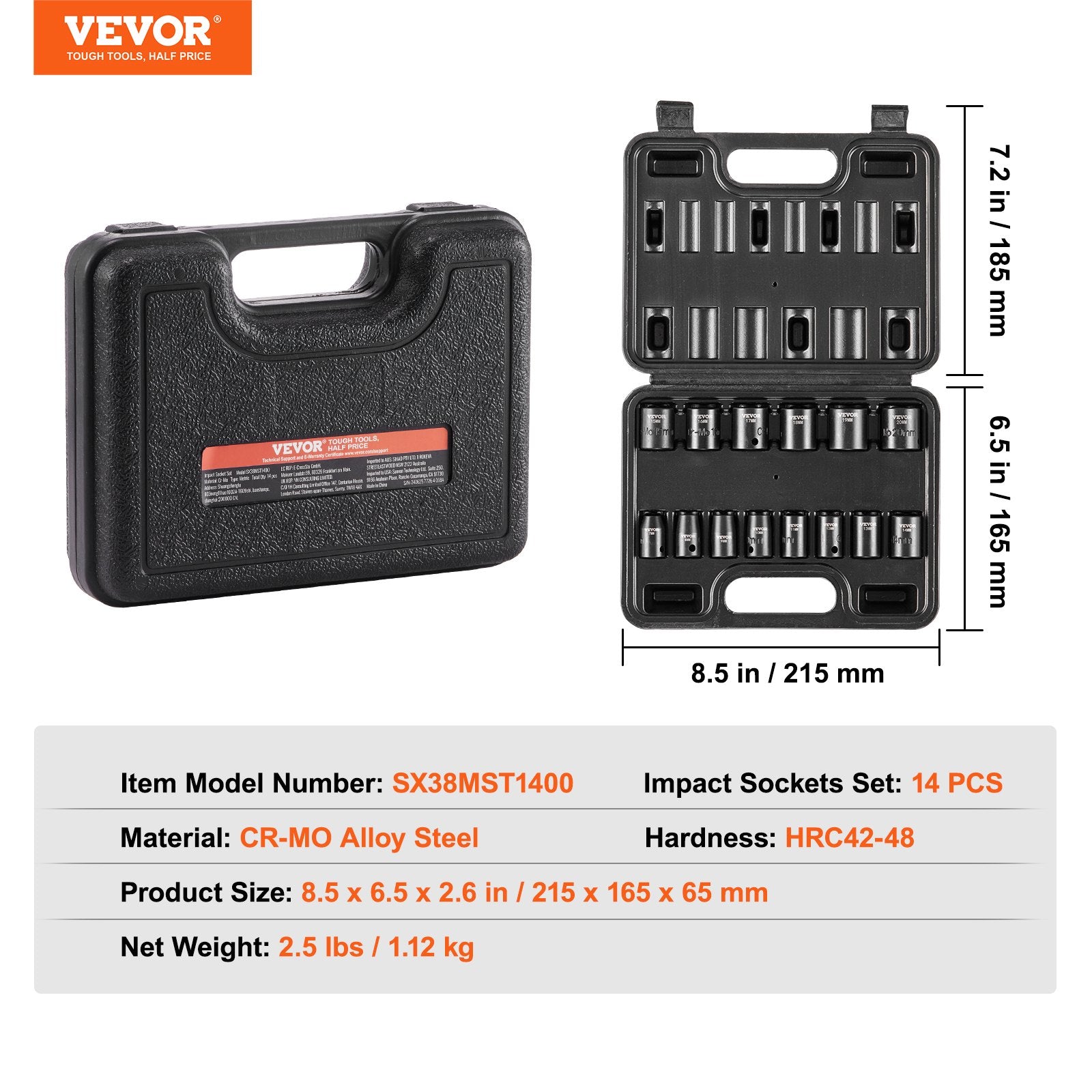 Tool Sockets: VEVOR 3/8" Drive Impact Socket Set, 14 Piece Shallow Socket Set Metric 7-20mm, 6 Point Cr-Mo Alloy Steel for Auto Repair, Easy-to-Read Size Markings, Rugged Construction, Includes Storage Case