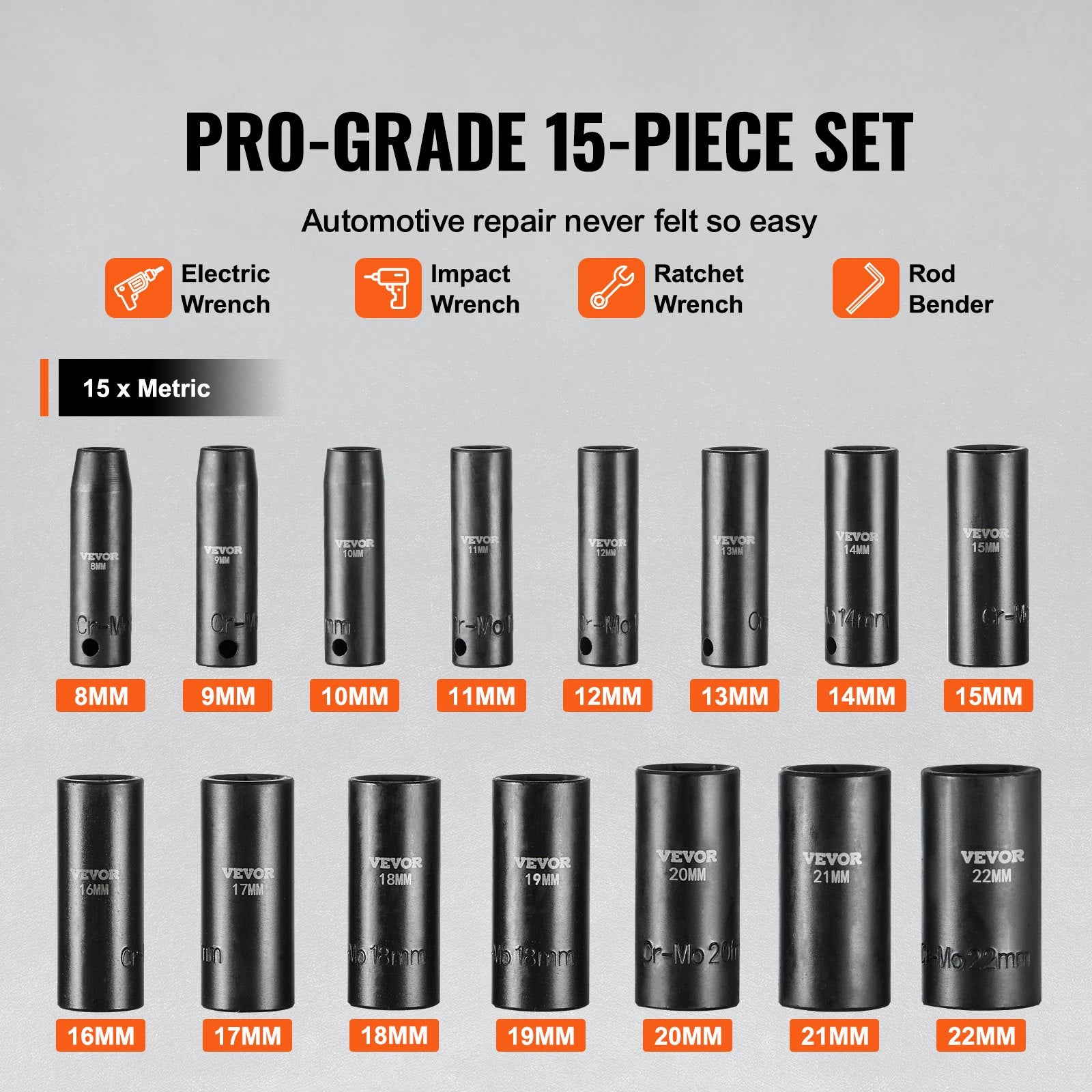 Tool Sockets: VEVOR 3/8" Drive Impact Socket Set, 15 Piece Deep Socket Set Metric 8-22mm, 6 Point Cr-Mo Alloy Steel for Auto Repair, Easy-to-Read Size Markings, Rugged Construction, Includes Storage Case